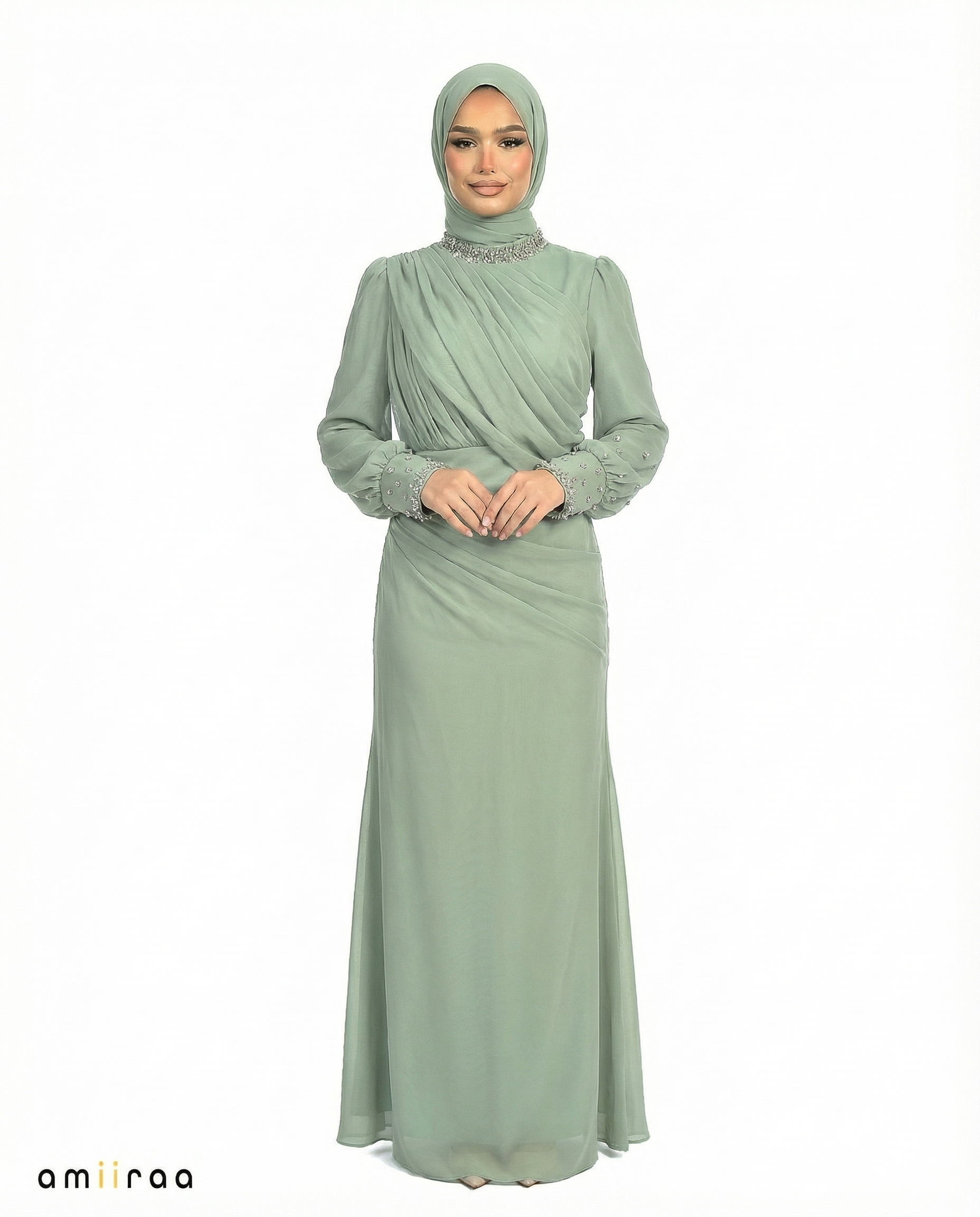 Laurel Wreath Draped Chiffon Maxi Dress with Beaded Embellished Neckline & Cuffs