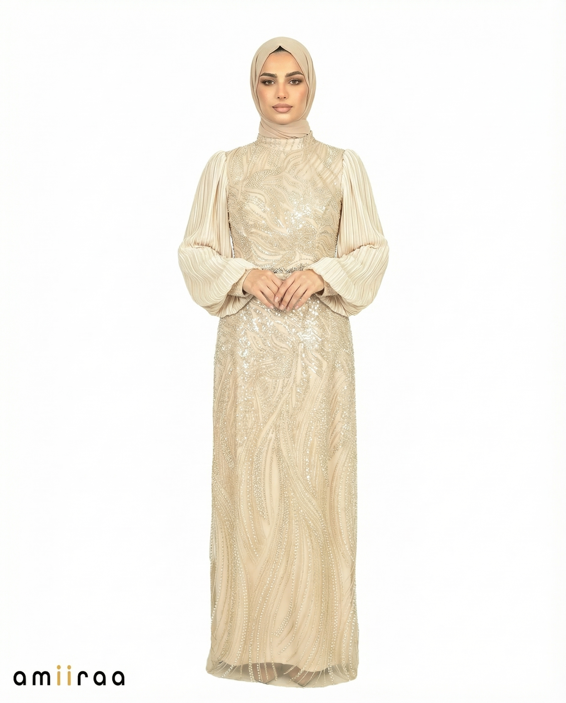 Canary Green Embellished Pleated Sleeve Evening Maxi Dress