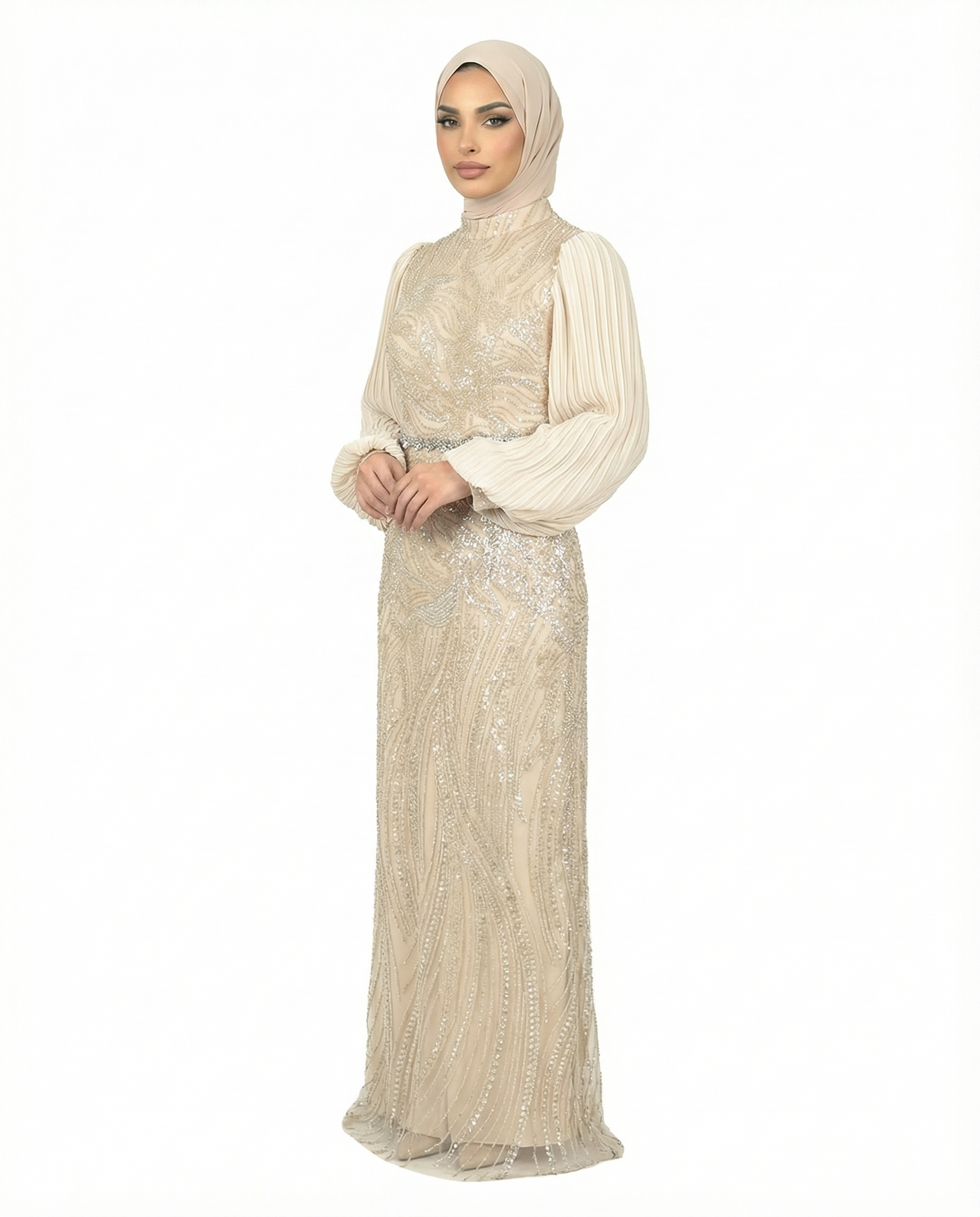 Canary Green Embellished Pleated Sleeve Evening Maxi Dress