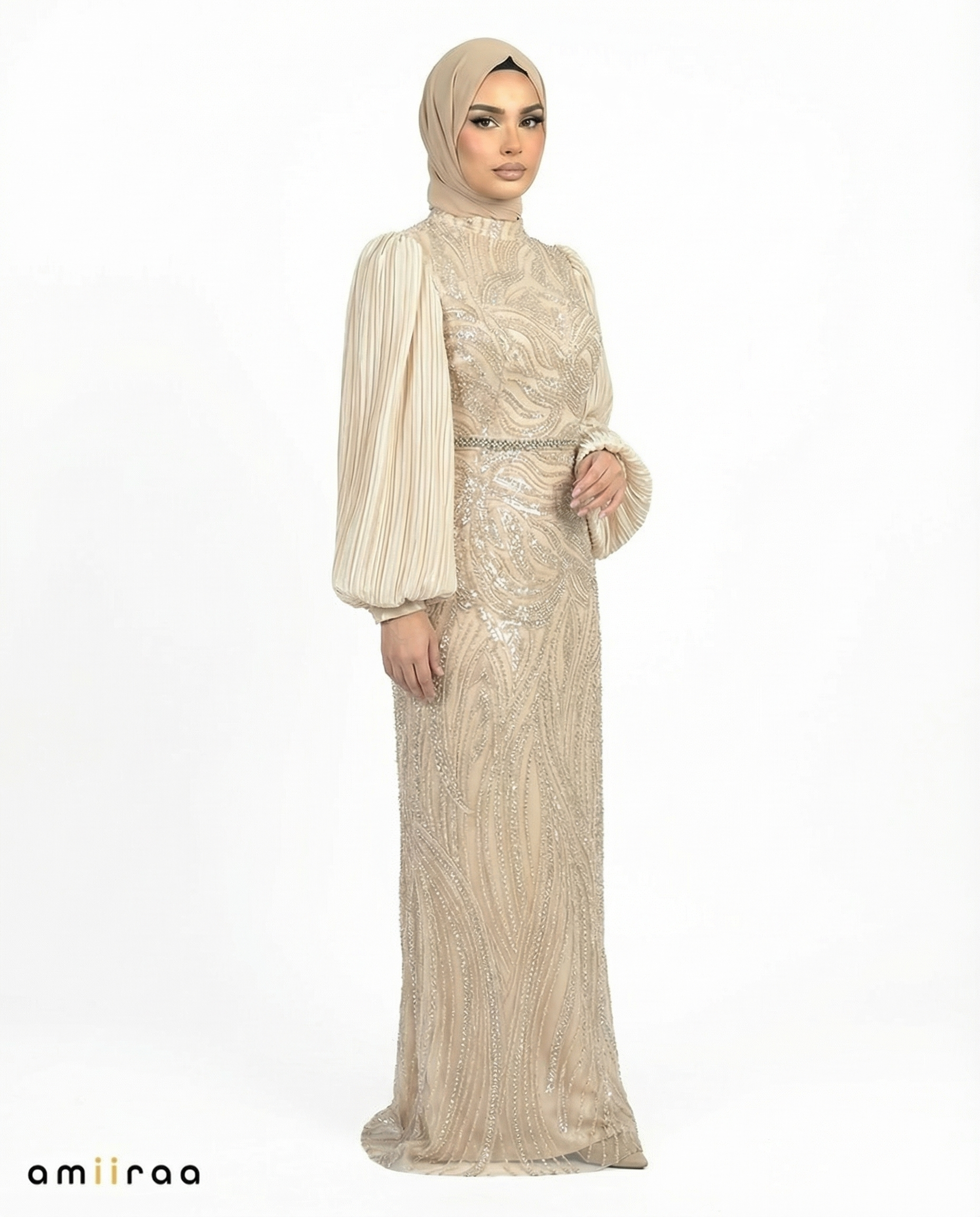 Canary Green Embellished Pleated Sleeve Evening Maxi Dress