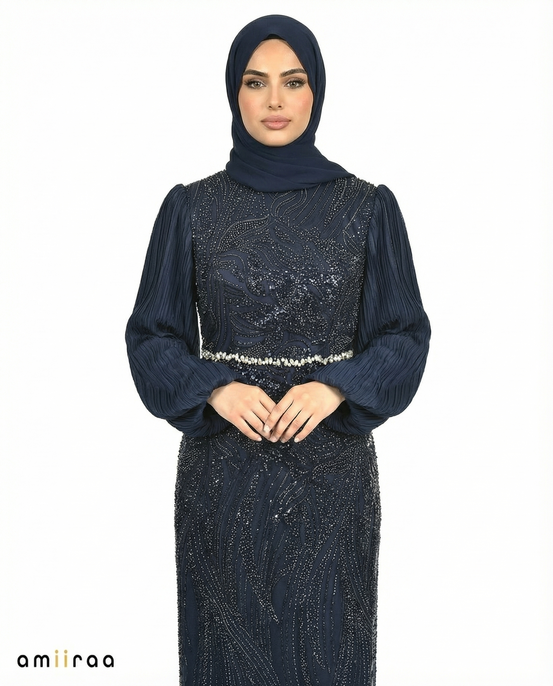 Black Iris Embellished Pleated Sleeve Evening Maxi Dress