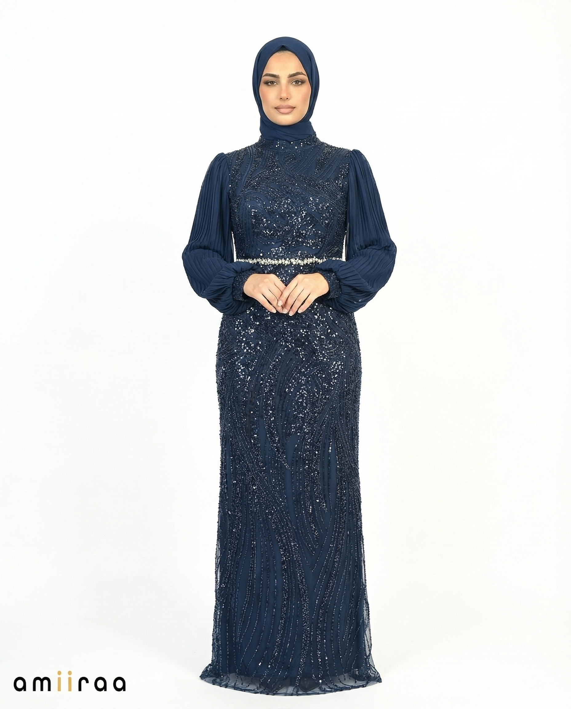 Black Iris Embellished Pleated Sleeve Evening Maxi Dress