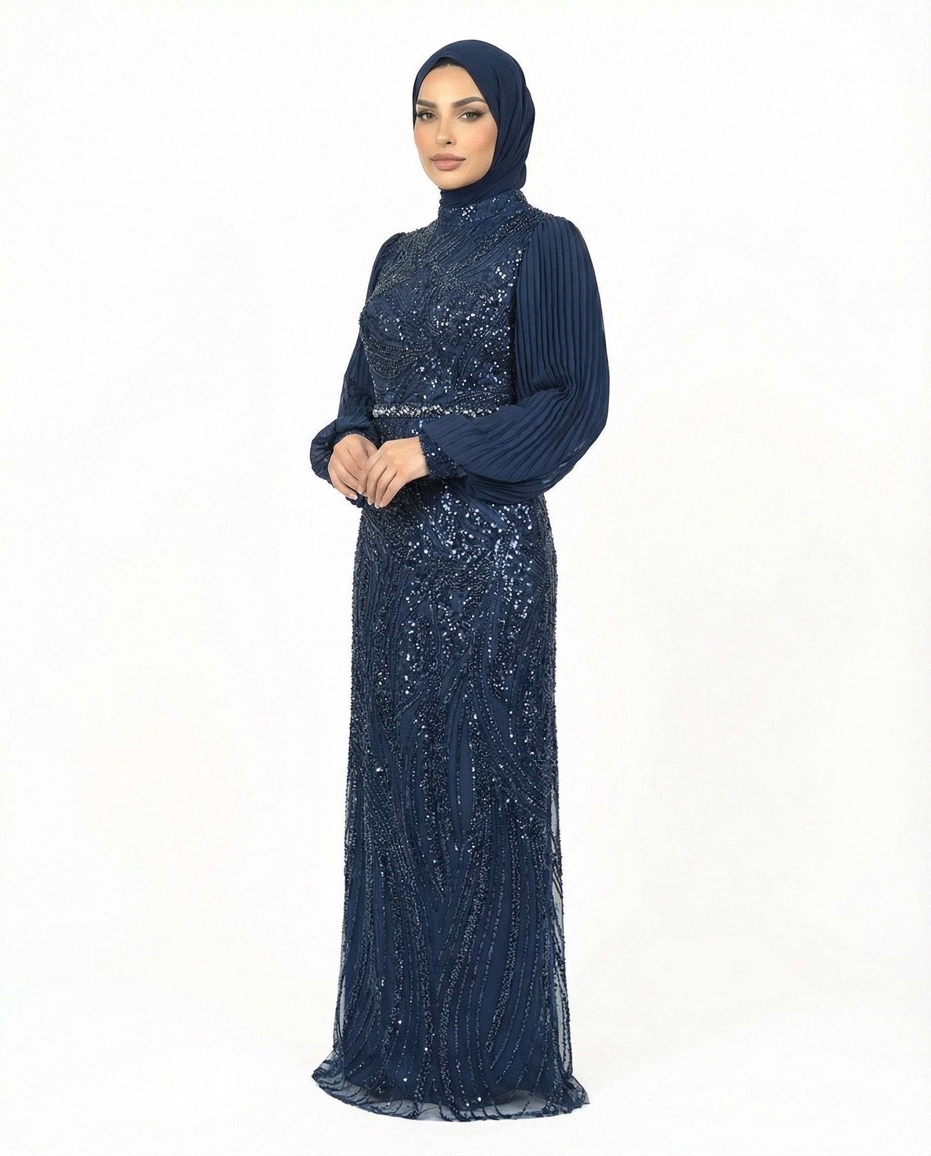 Black Iris Embellished Pleated Sleeve Evening Maxi Dress