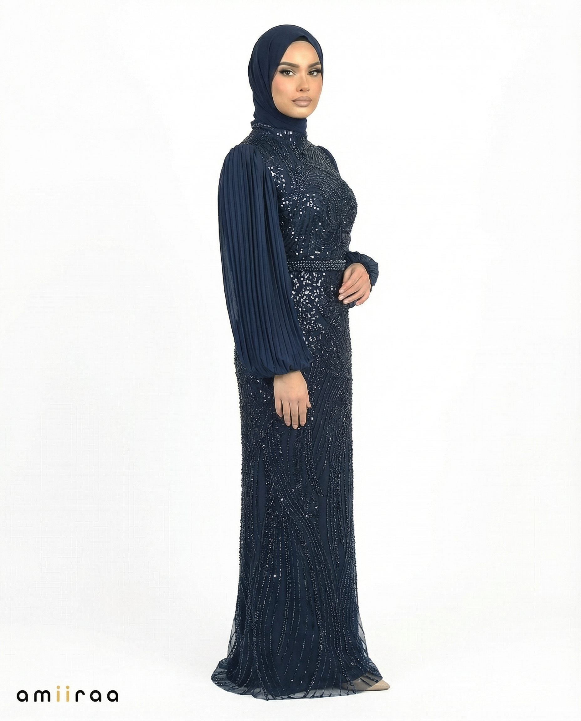 Black Iris Embellished Pleated Sleeve Evening Maxi Dress