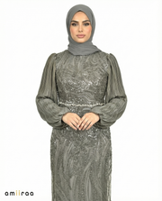 Gargoyle Embellished Pleated Sleeve Evening Maxi Dress