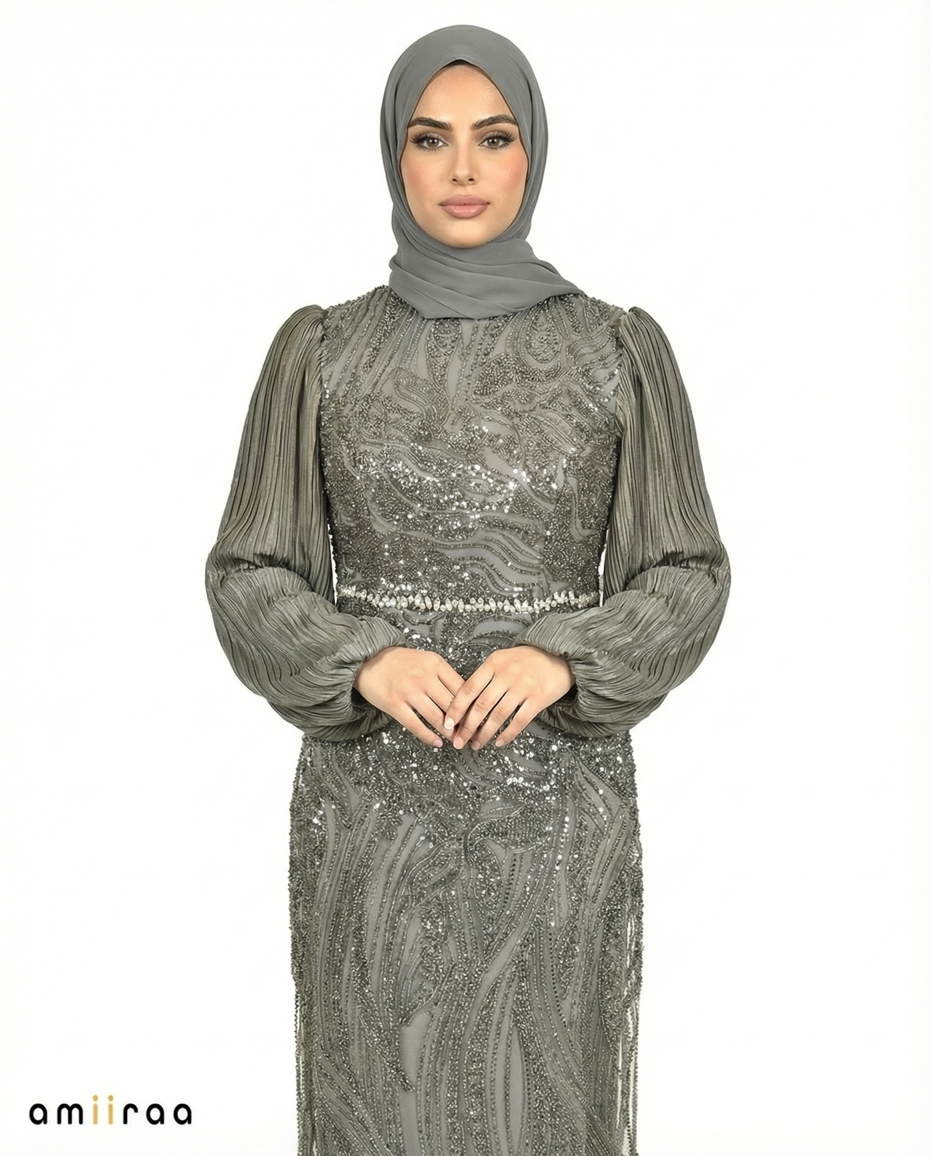 Gargoyle Embellished Pleated Sleeve Evening Maxi Dress
