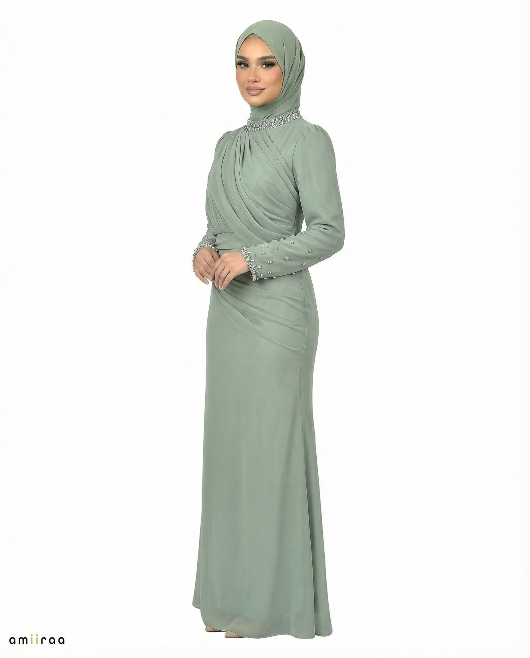 Laurel Wreath Draped Chiffon Maxi Dress with Beaded Embellished Neckline & Cuffs