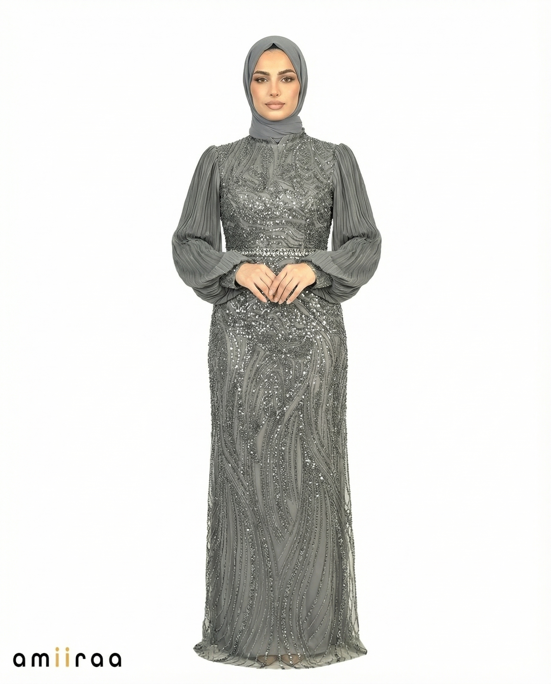 Gargoyle Embellished Pleated Sleeve Evening Maxi Dress