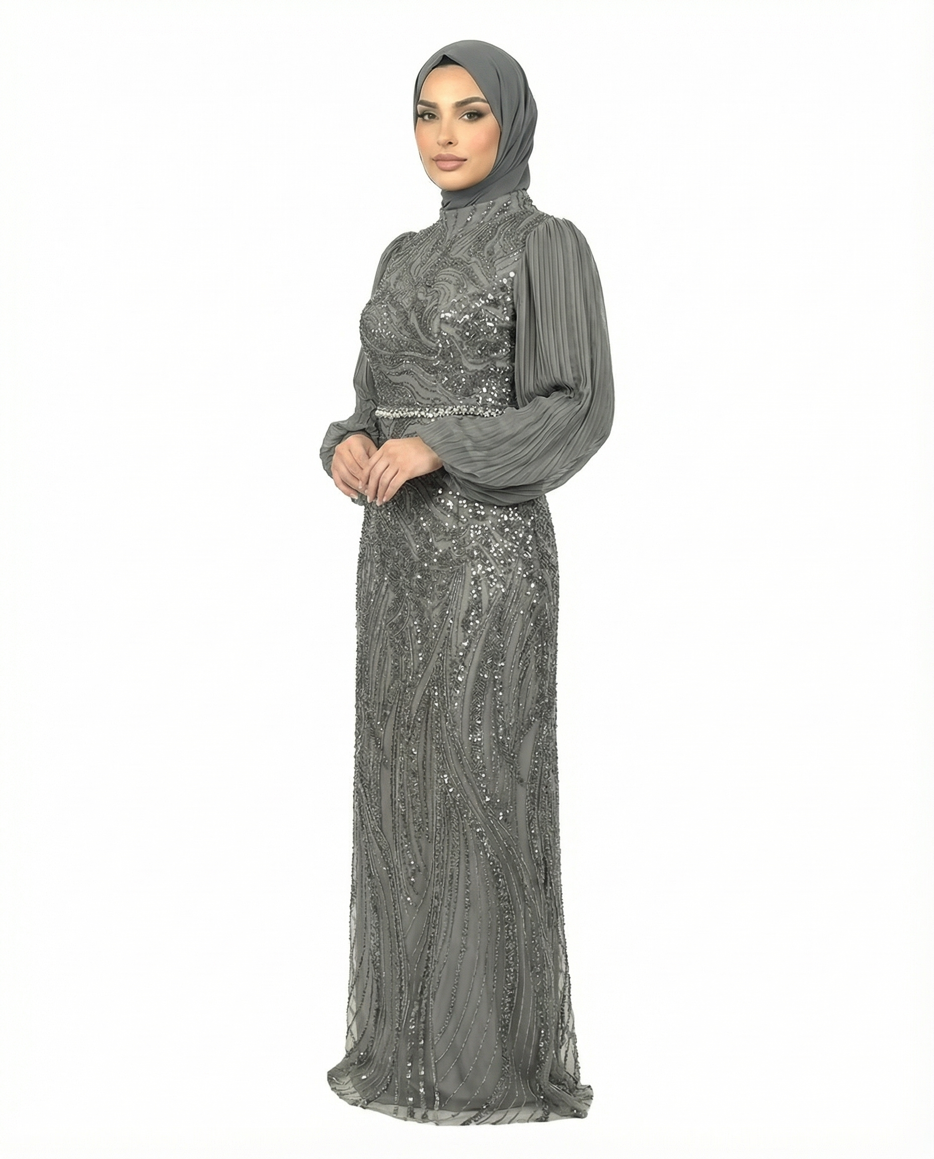 Gargoyle Embellished Pleated Sleeve Evening Maxi Dress