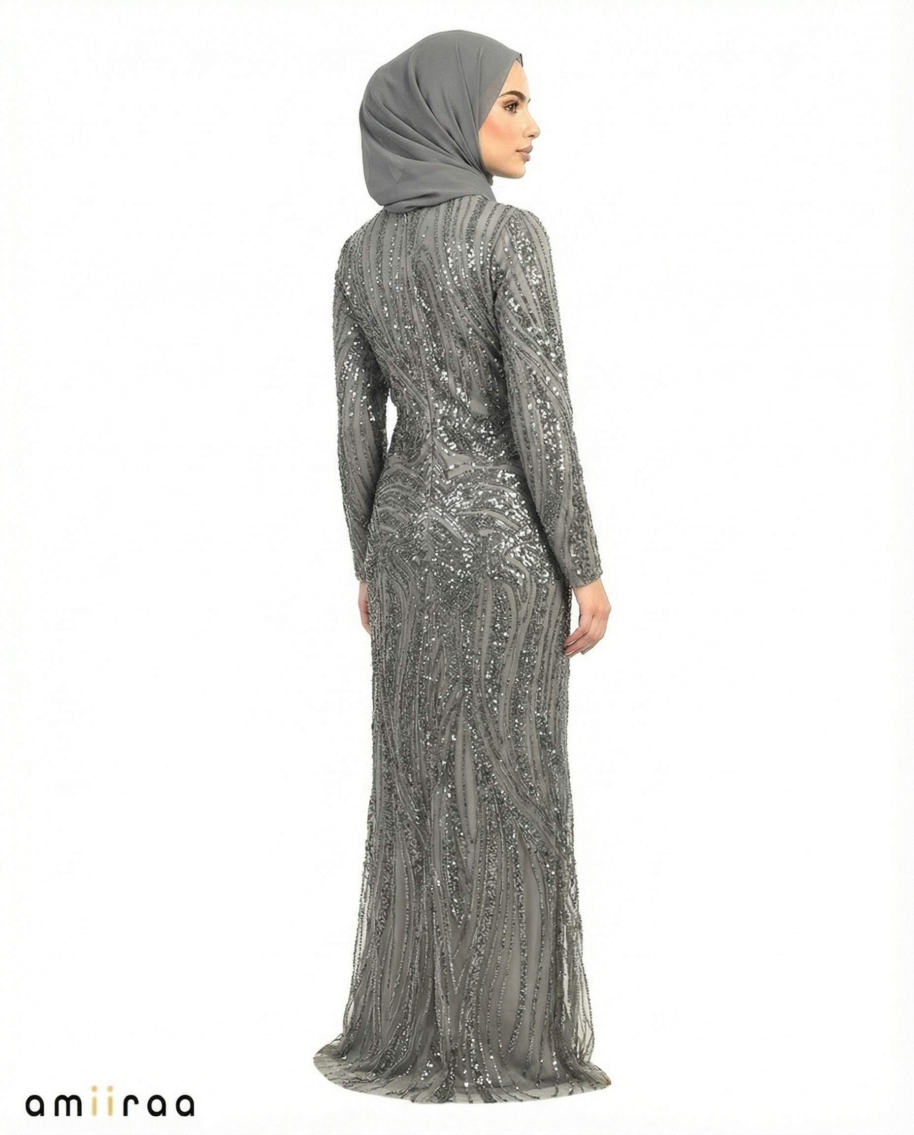Gargoyle Embellished Pleated Sleeve Evening Maxi Dress
