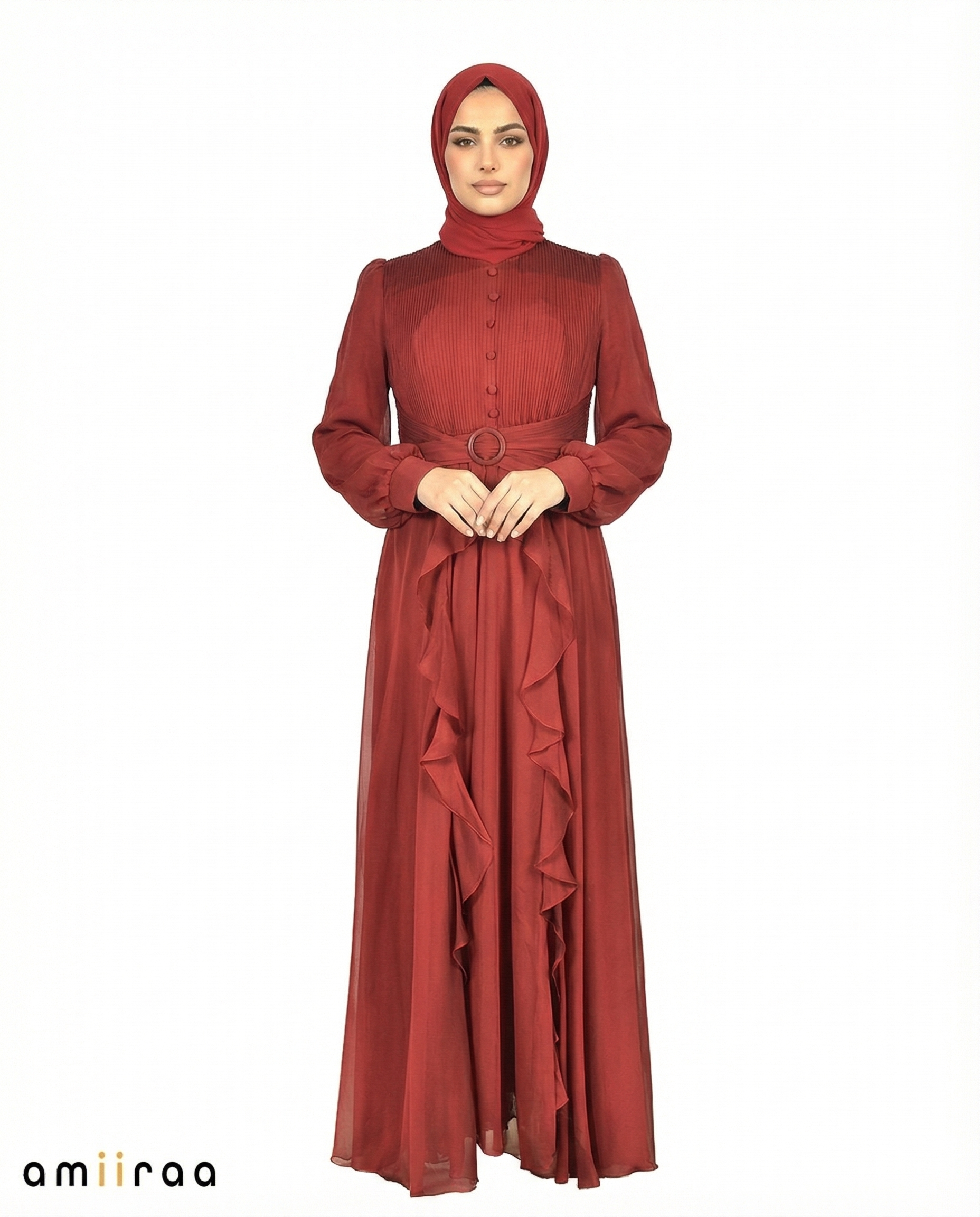 Cabernet Pleated Bodice Ruffle Detail Maxi Dress