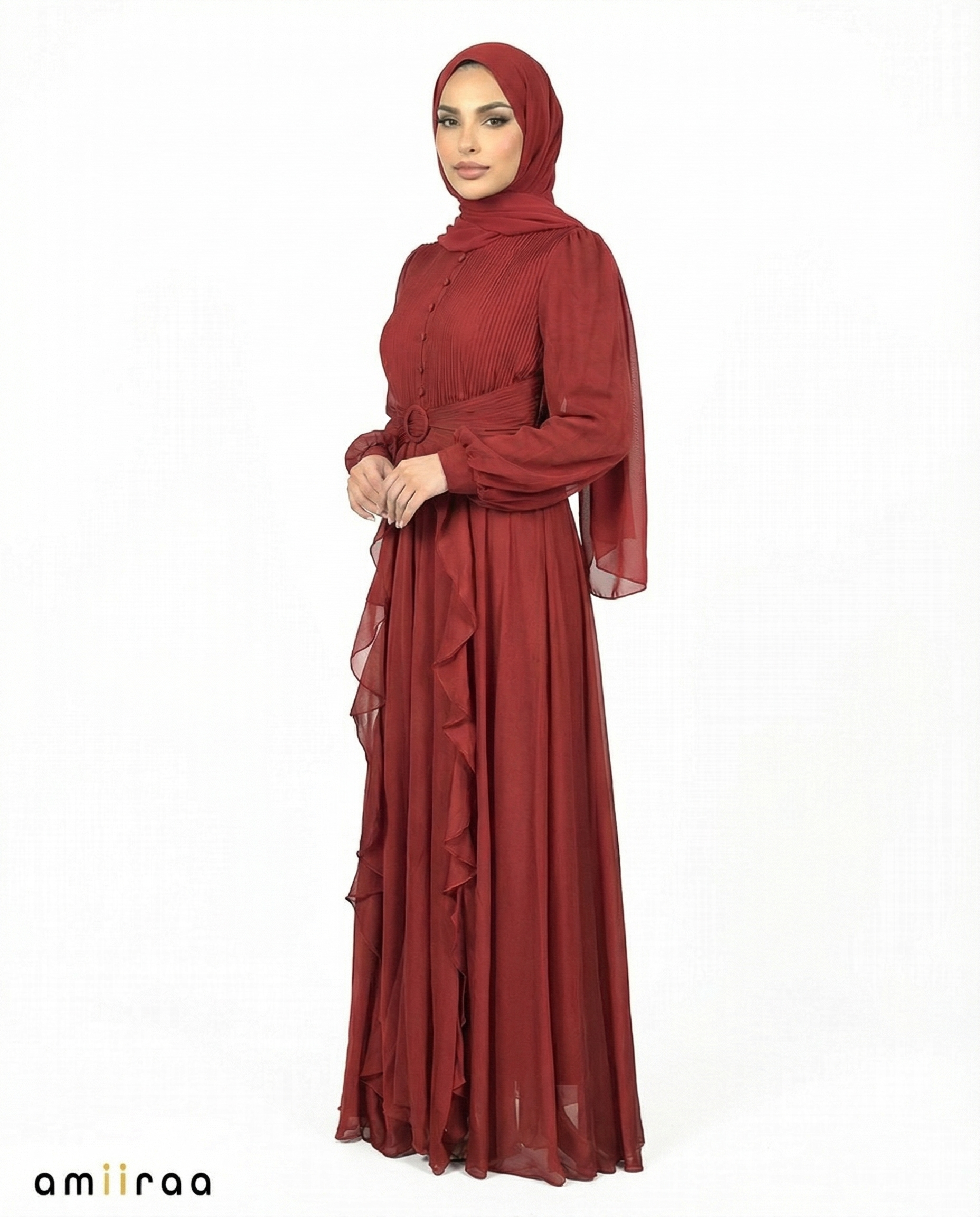 Cabernet Pleated Bodice Ruffle Detail Maxi Dress