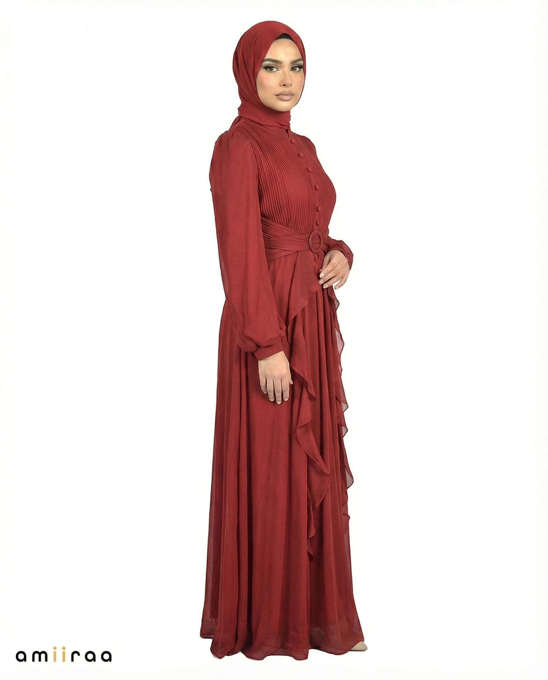 Cabernet Pleated Bodice Ruffle Detail Maxi Dress