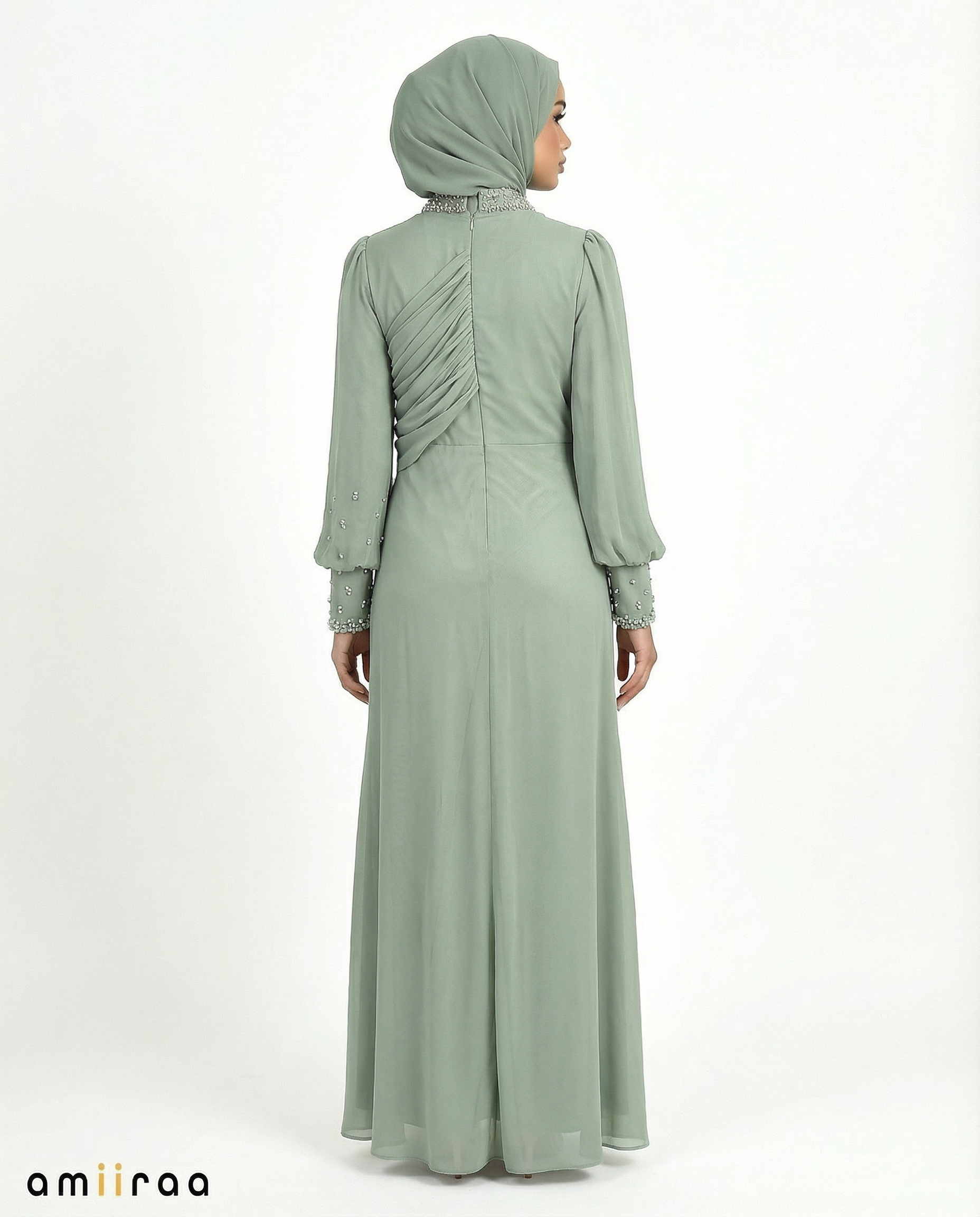 Laurel Wreath Draped Chiffon Maxi Dress with Beaded Embellished Neckline & Cuffs