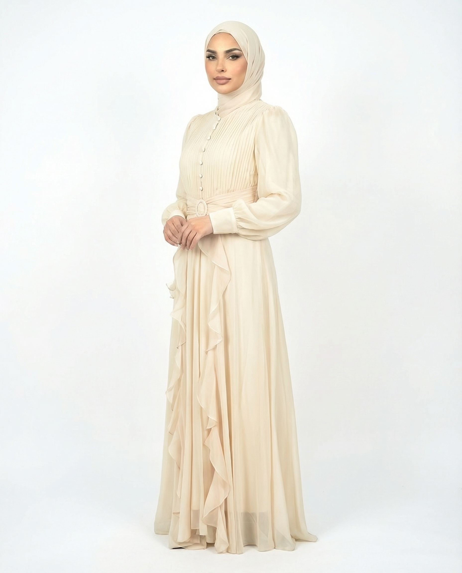 Oyster White Pleated Bodice Ruffle Detail Maxi Dress