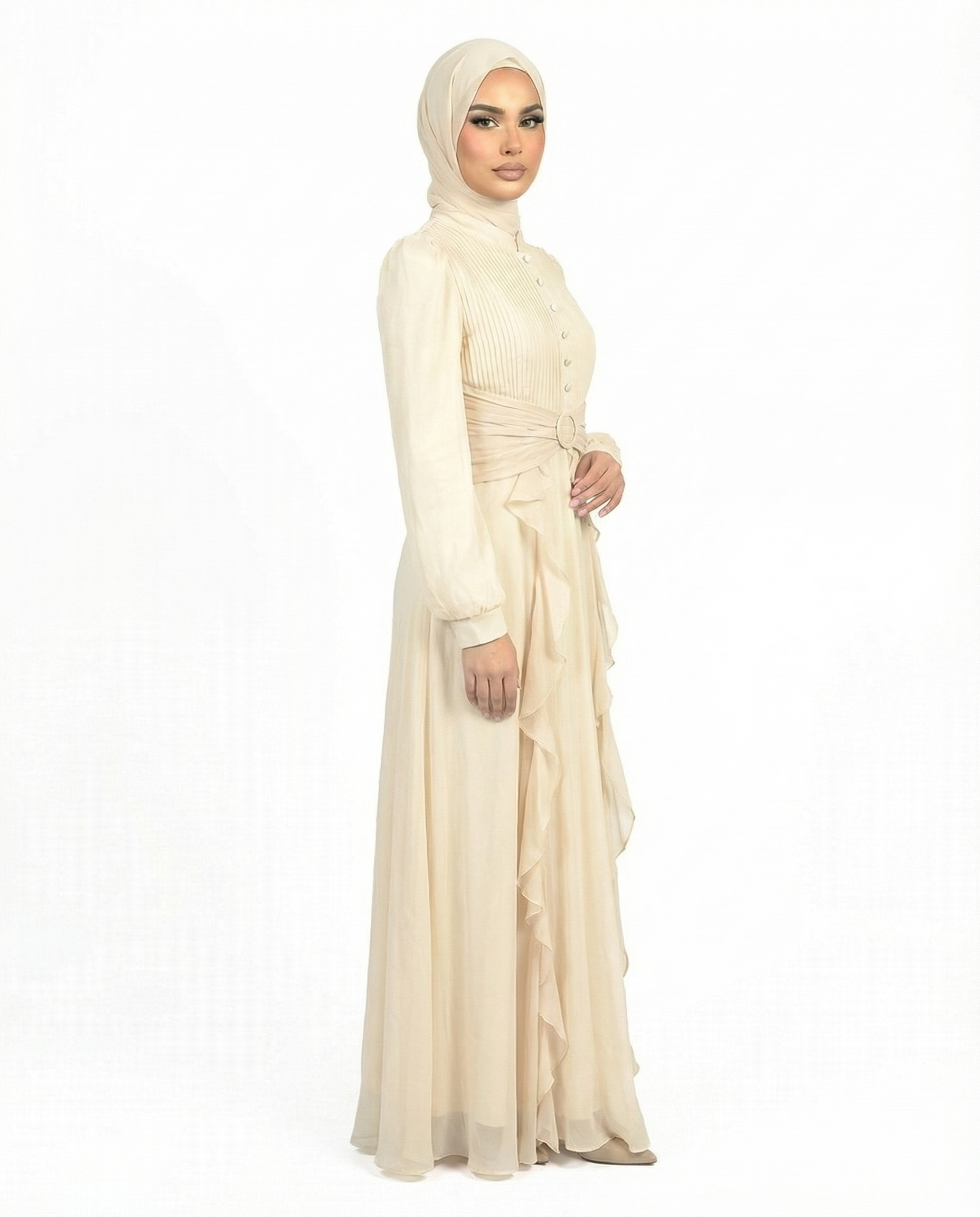 Oyster White Pleated Bodice Ruffle Detail Maxi Dress