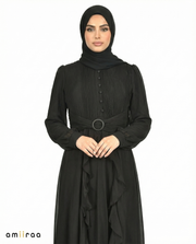 Black Onyx Pleated Bodice Ruffle Detail Maxi Dress