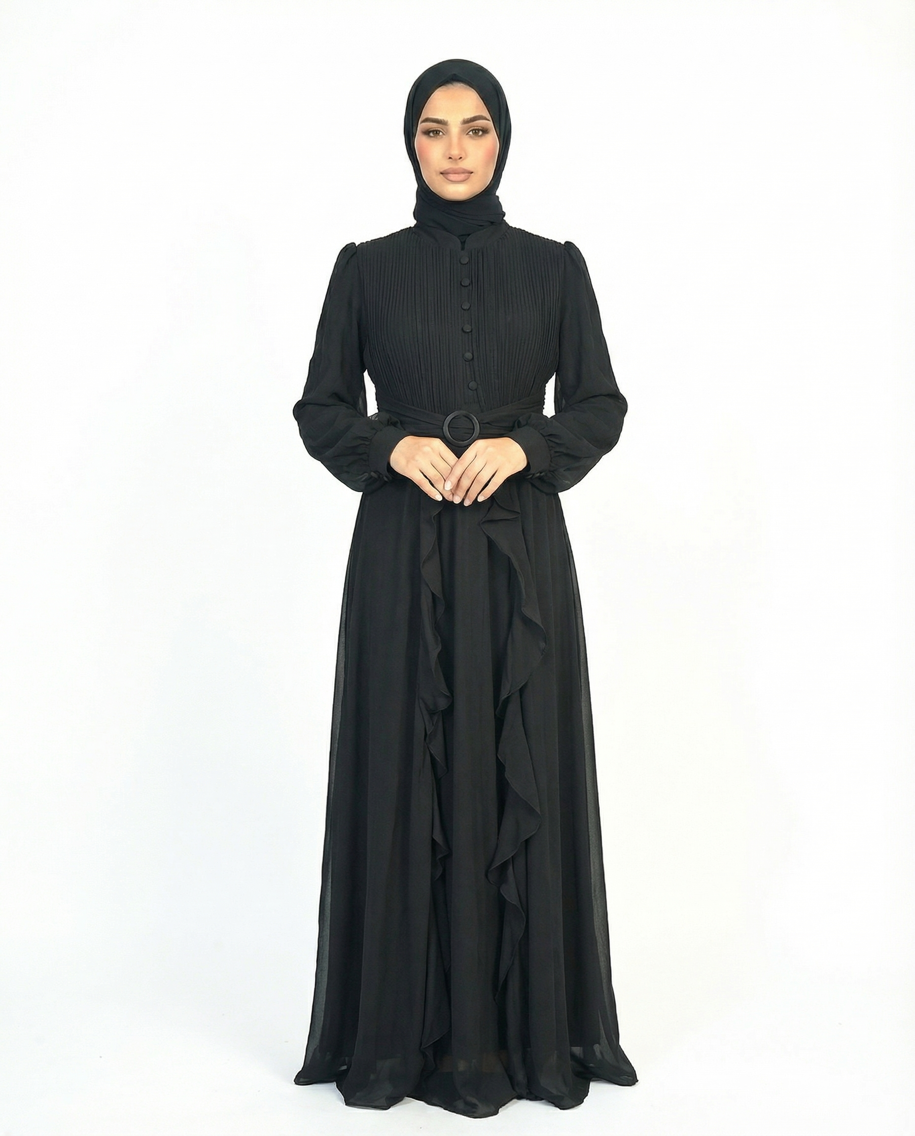 Black Onyx Pleated Bodice Ruffle Detail Maxi Dress