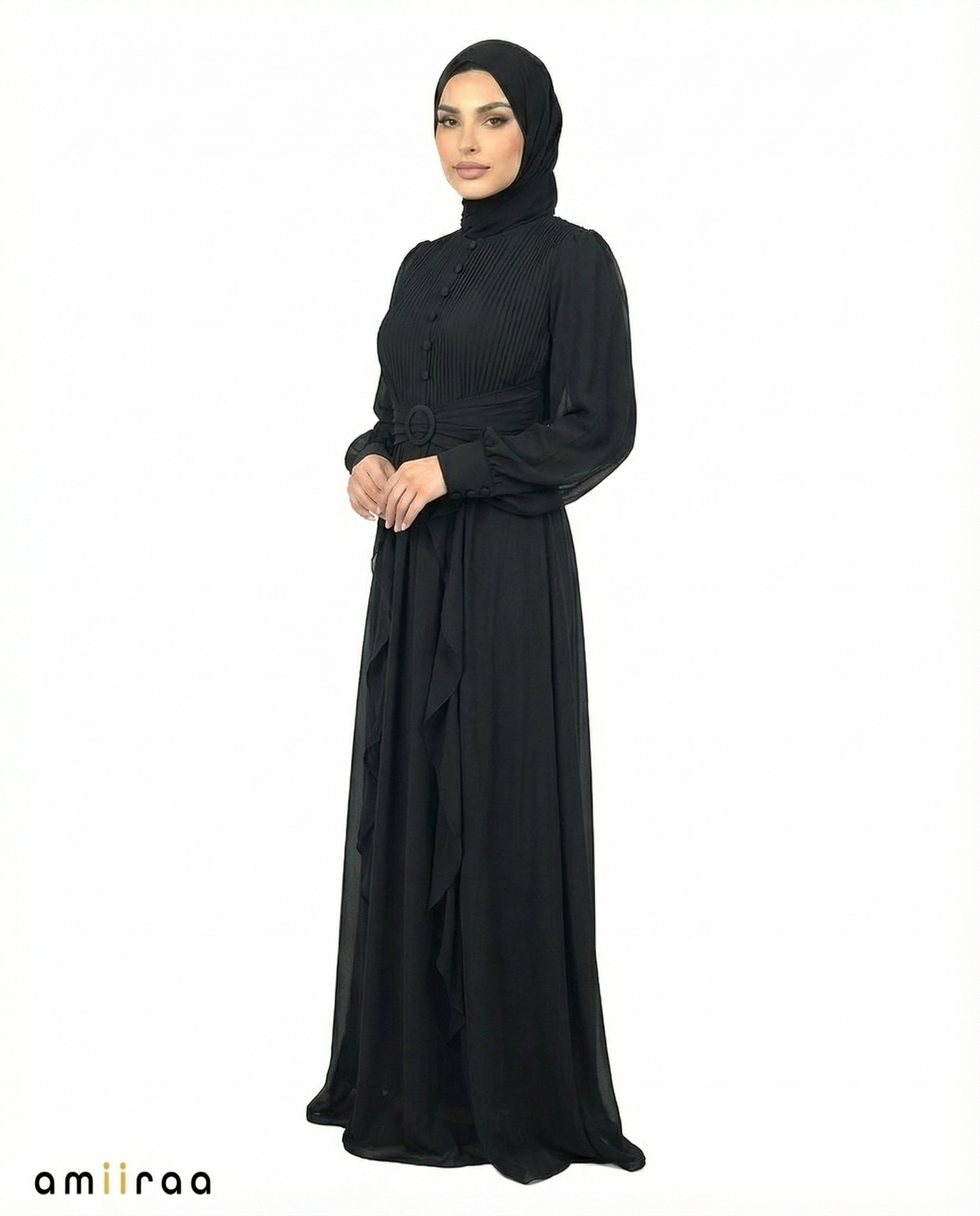 Black Onyx Pleated Bodice Ruffle Detail Maxi Dress
