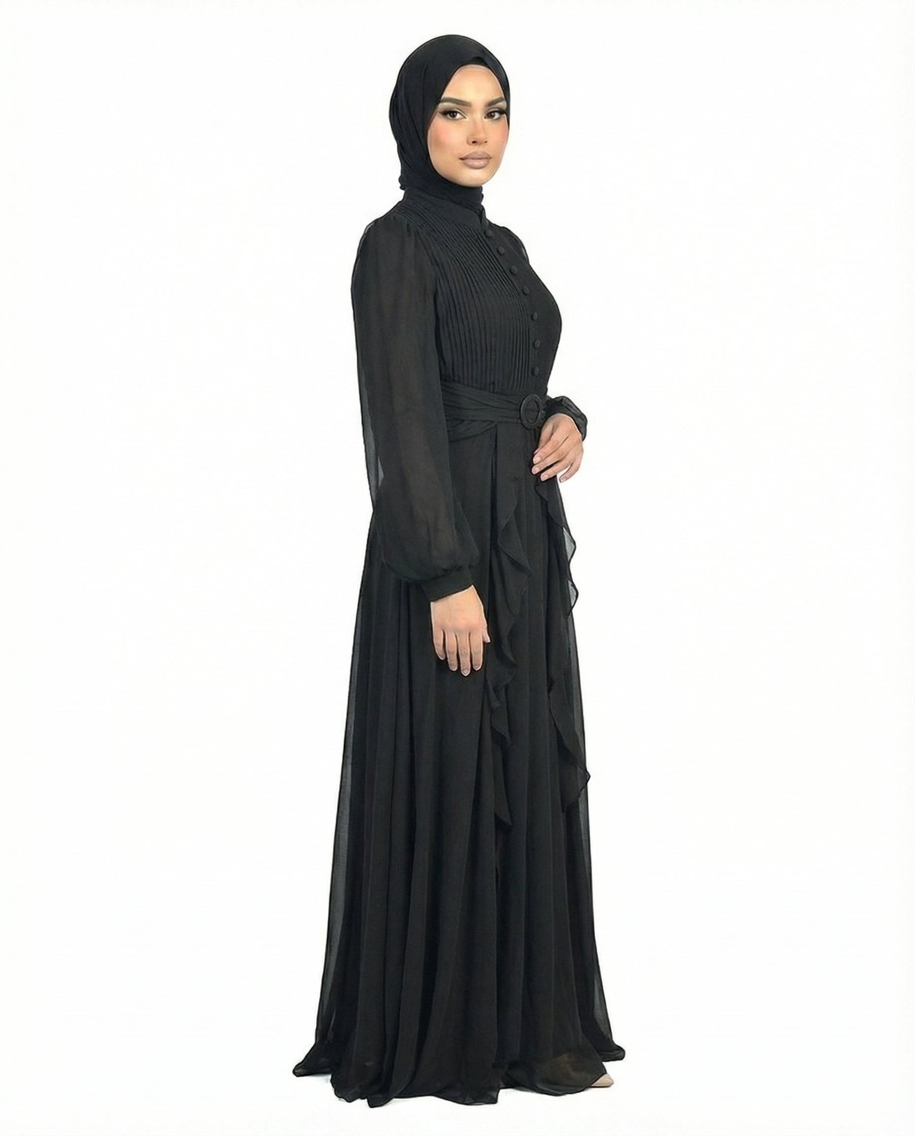 Black Onyx Pleated Bodice Ruffle Detail Maxi Dress