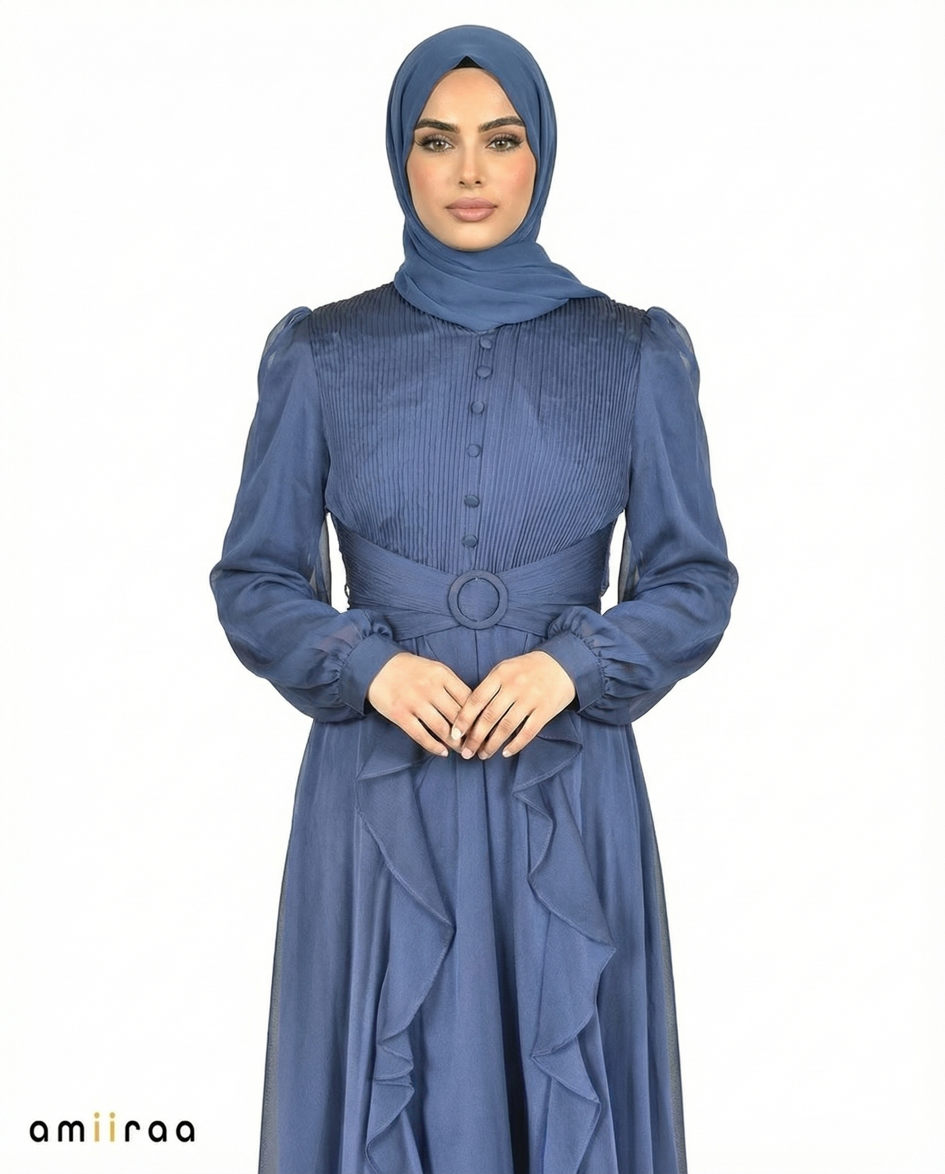 Sodalite Blue Pleated Bodice Ruffle Detail Maxi Dress