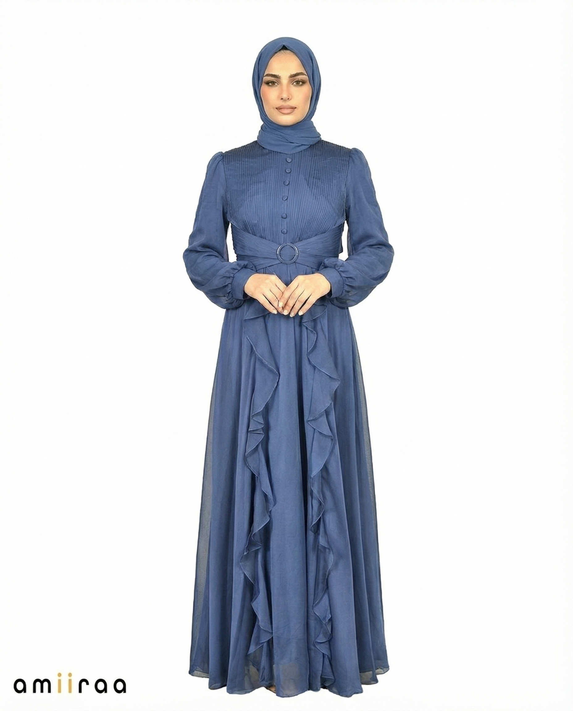 Sodalite Blue Pleated Bodice Ruffle Detail Maxi Dress