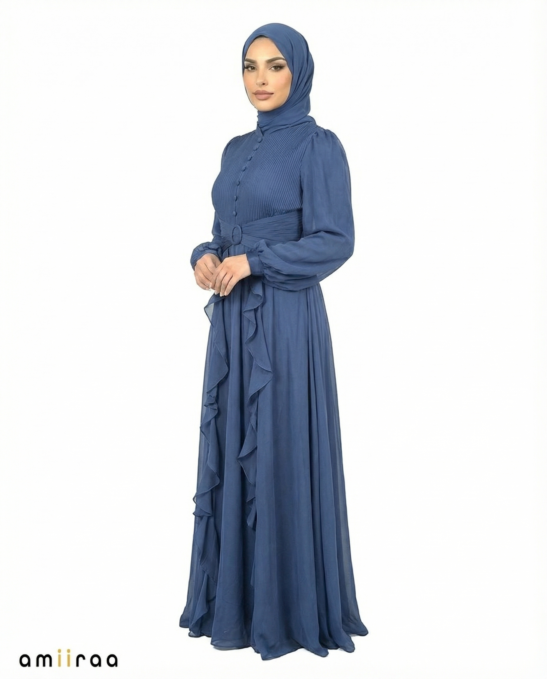Sodalite Blue Pleated Bodice Ruffle Detail Maxi Dress