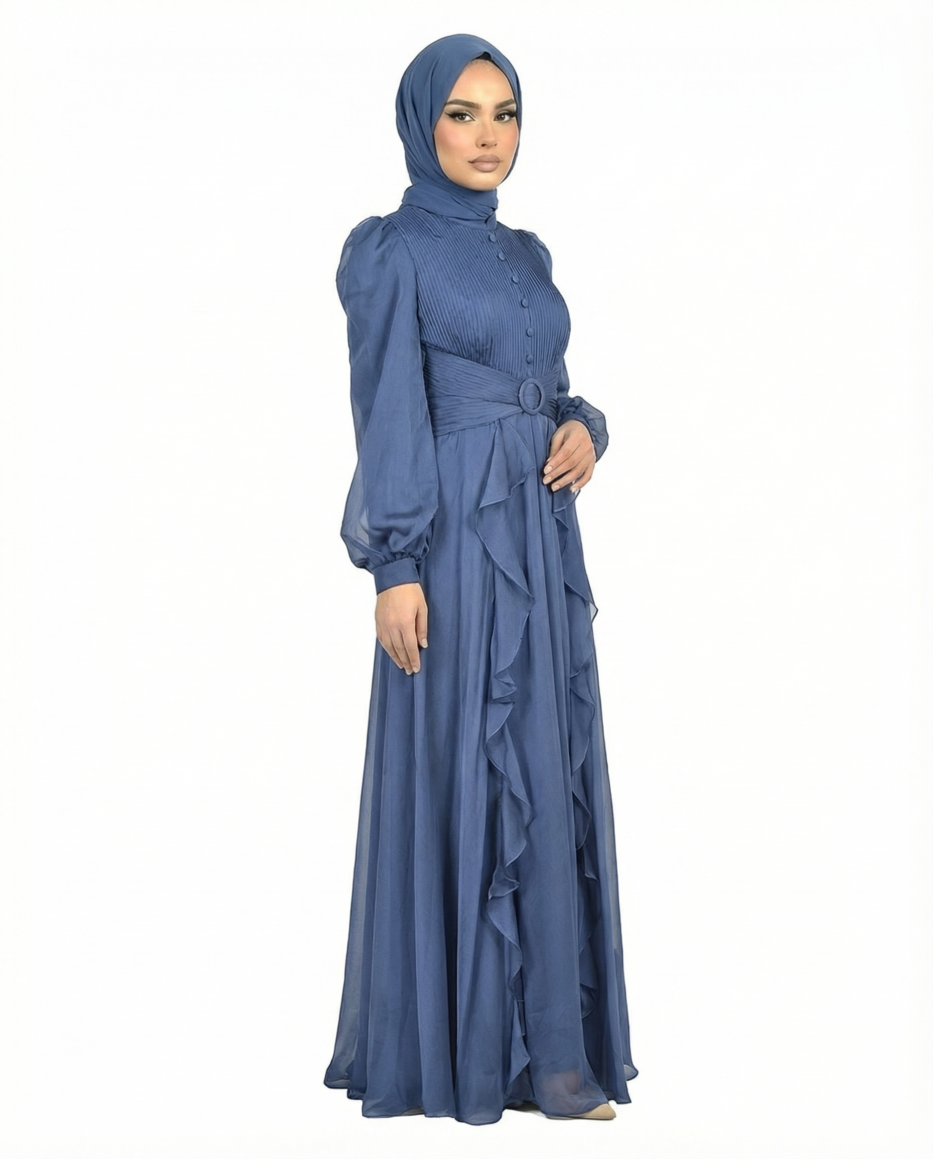 Sodalite Blue Pleated Bodice Ruffle Detail Maxi Dress