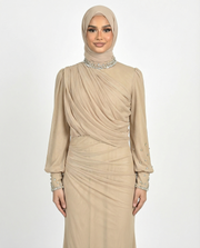 Sheepskin Draped Chiffon Maxi Dress with Beaded Embellished Neckline & Cuffs