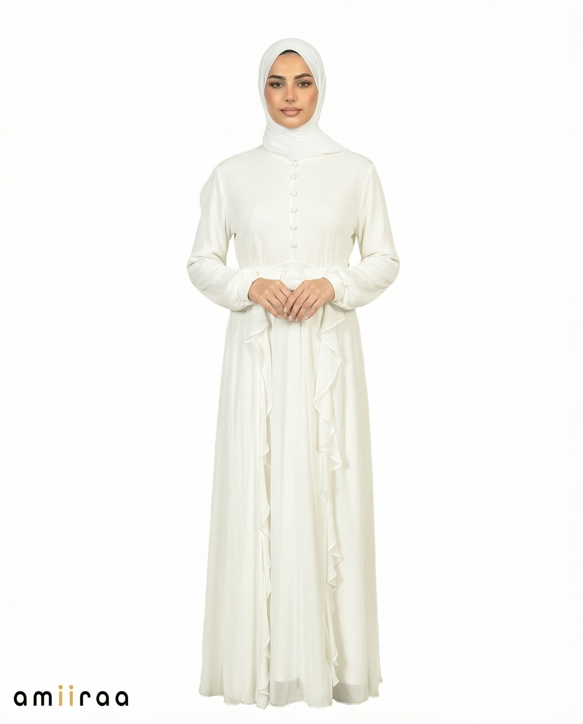 Diaphonous Pleated Bodice Ruffle Detail Maxi Dress