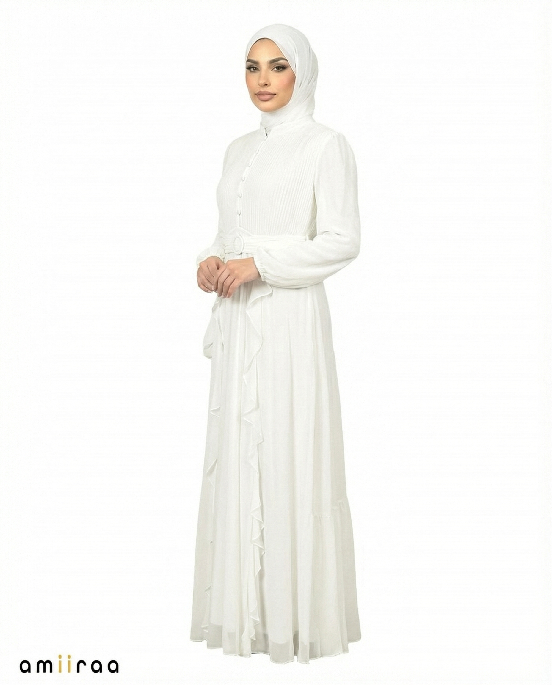 Diaphonous Pleated Bodice Ruffle Detail Maxi Dress