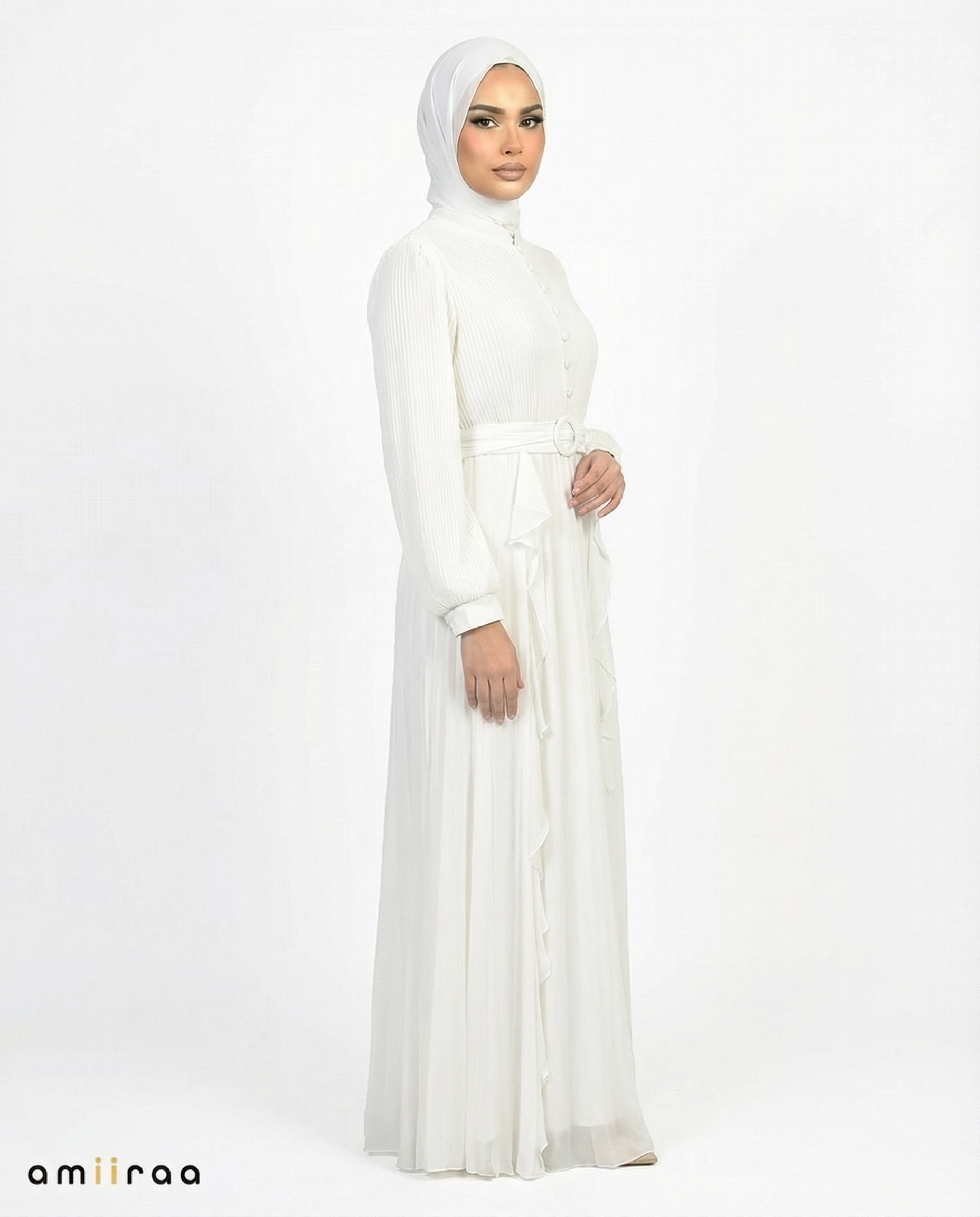 Diaphonous Pleated Bodice Ruffle Detail Maxi Dress