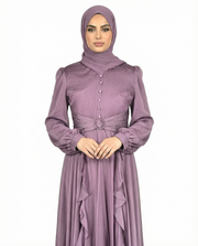 Purple Sunset Pleated Bodice Ruffle Detail Maxi Dress