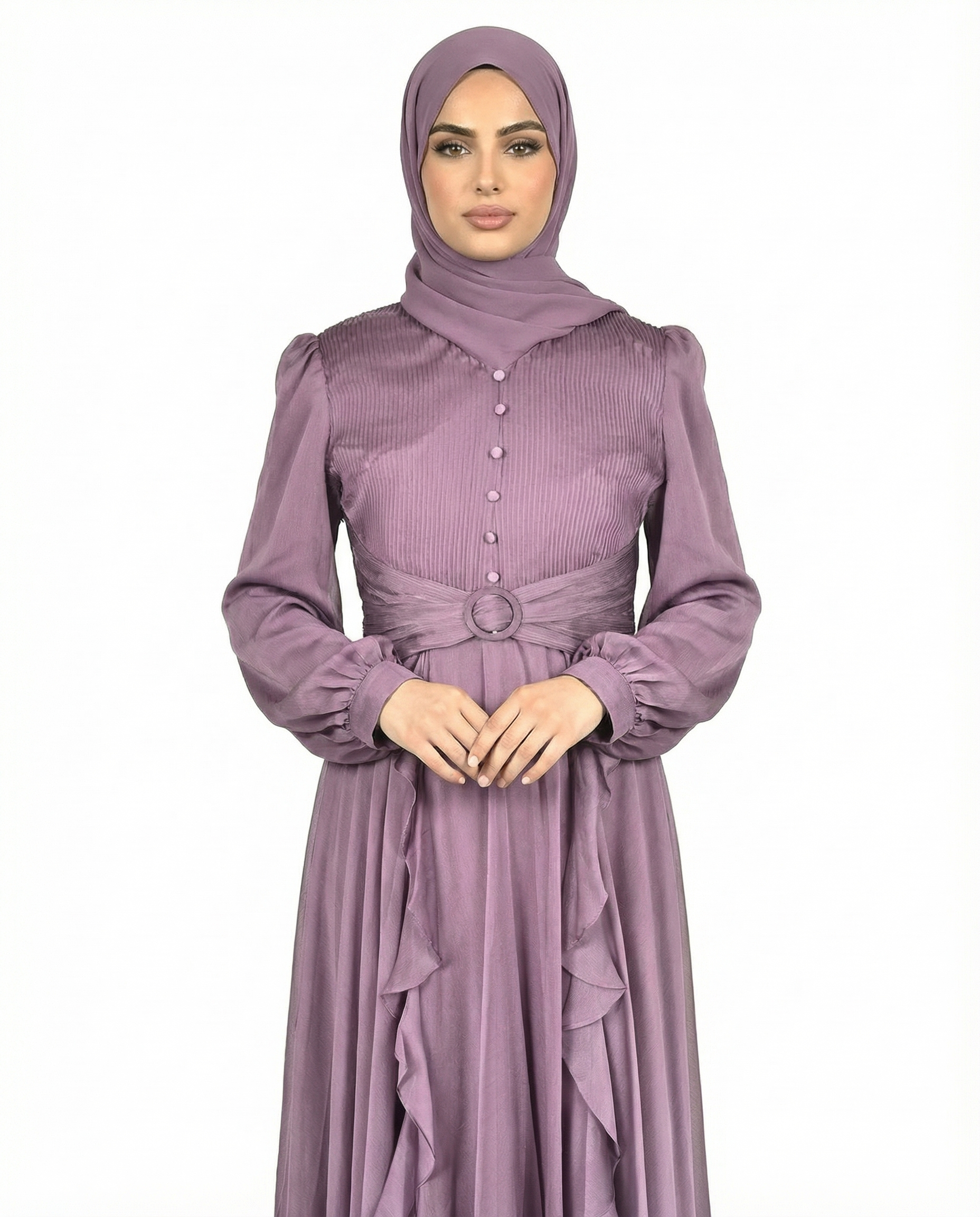 Purple Sunset Pleated Bodice Ruffle Detail Maxi Dress