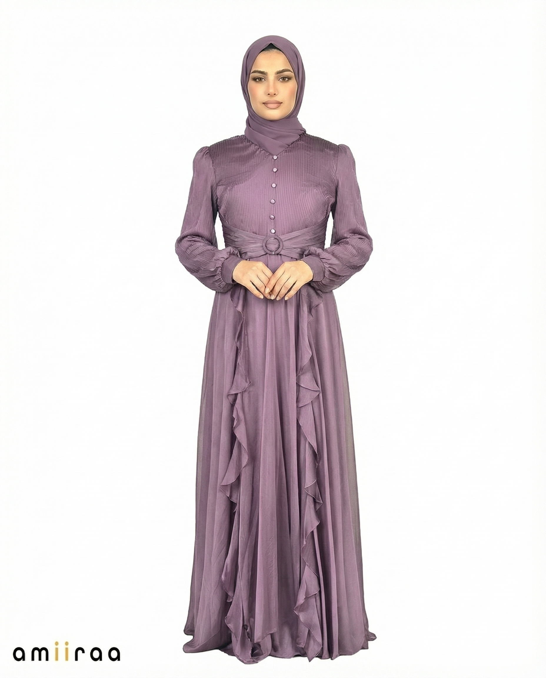 Purple Sunset Pleated Bodice Ruffle Detail Maxi Dress