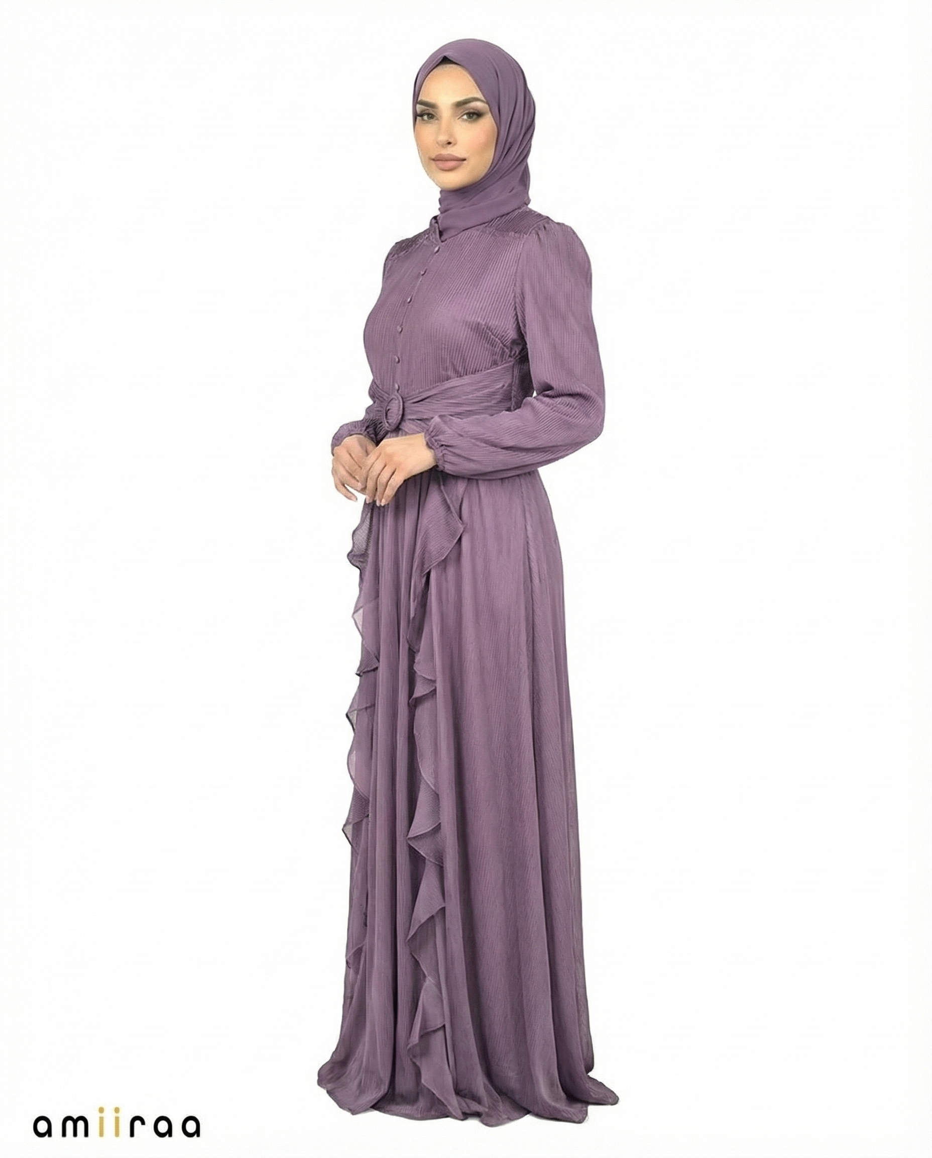 Purple Sunset Pleated Bodice Ruffle Detail Maxi Dress