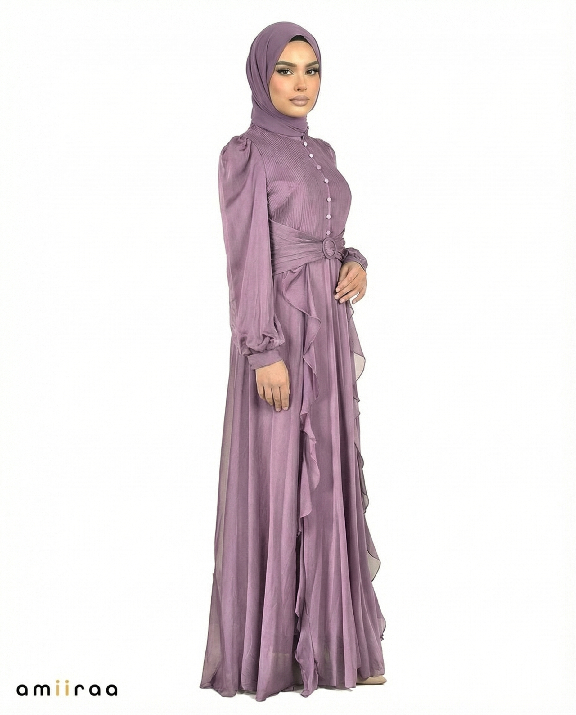 Purple Sunset Pleated Bodice Ruffle Detail Maxi Dress