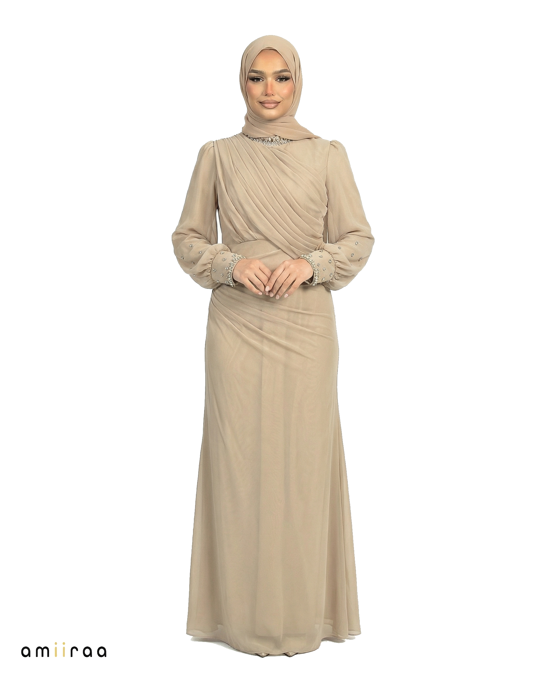 Black Iris Draped Chiffon Maxi Dress with Beaded Embellished Neckline & Cuffs