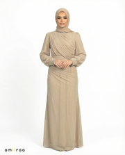Sheepskin Draped Chiffon Maxi Dress with Beaded Embellished Neckline & Cuffs
