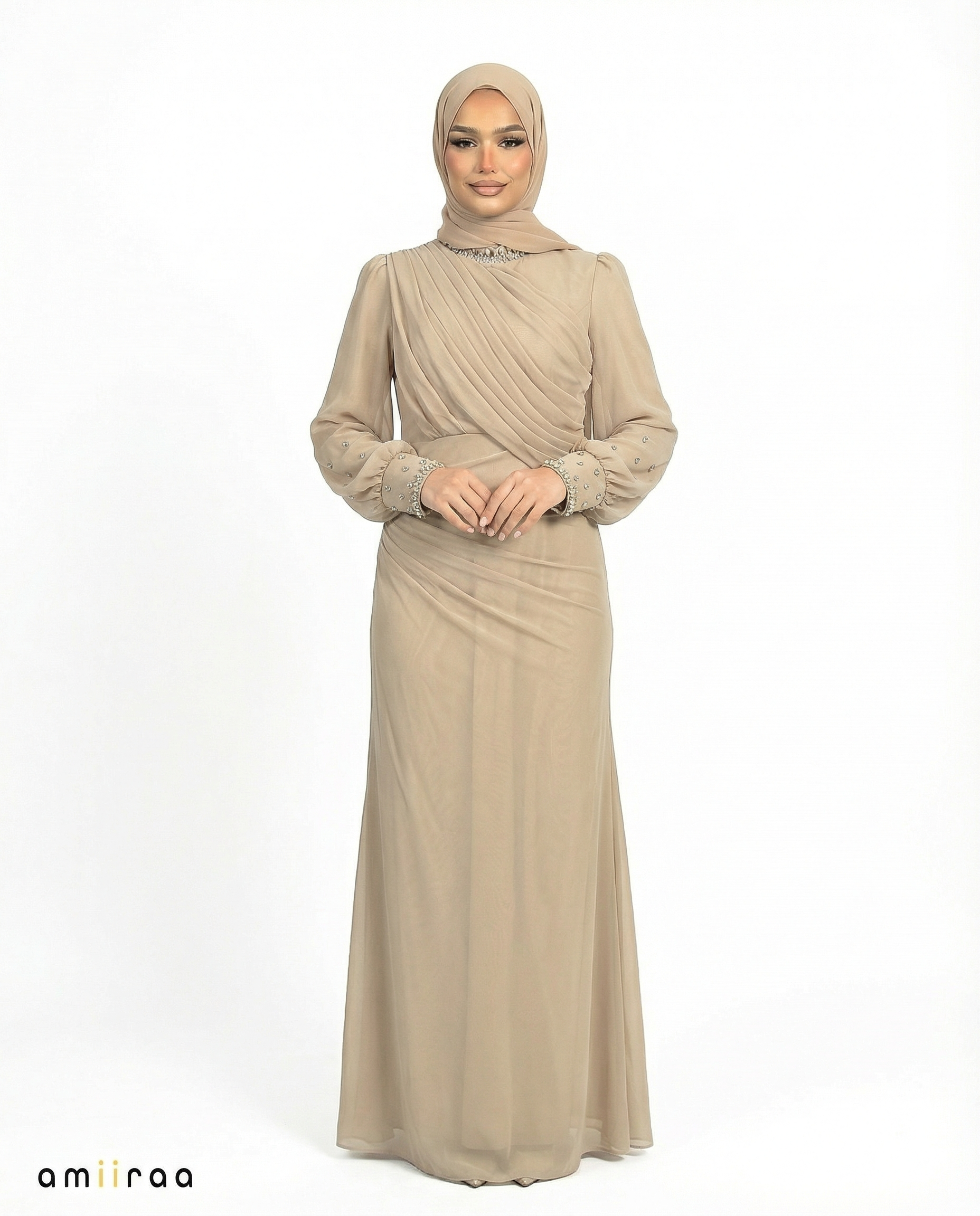 Sheepskin Draped Chiffon Maxi Dress with Beaded Embellished Neckline & Cuffs