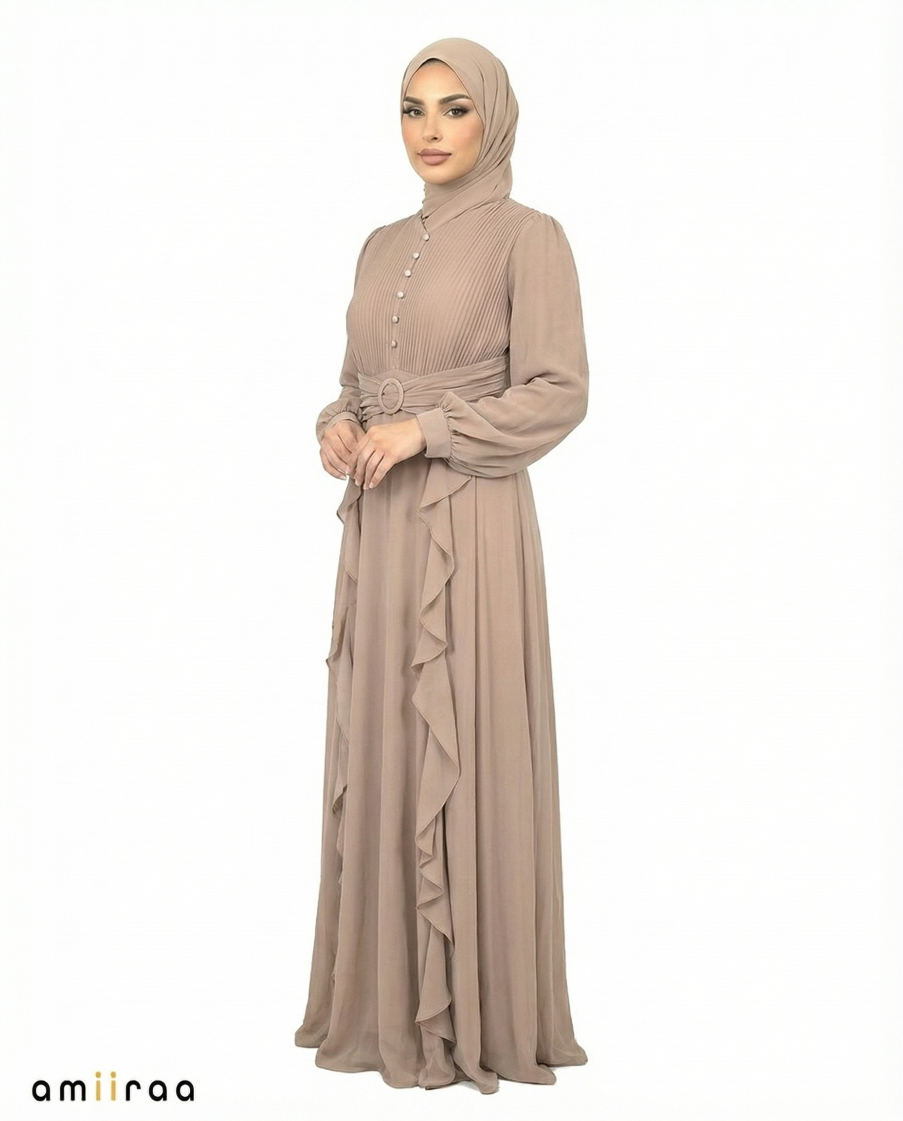 Cinder Pleated Bodice Ruffle Detail Maxi Dress