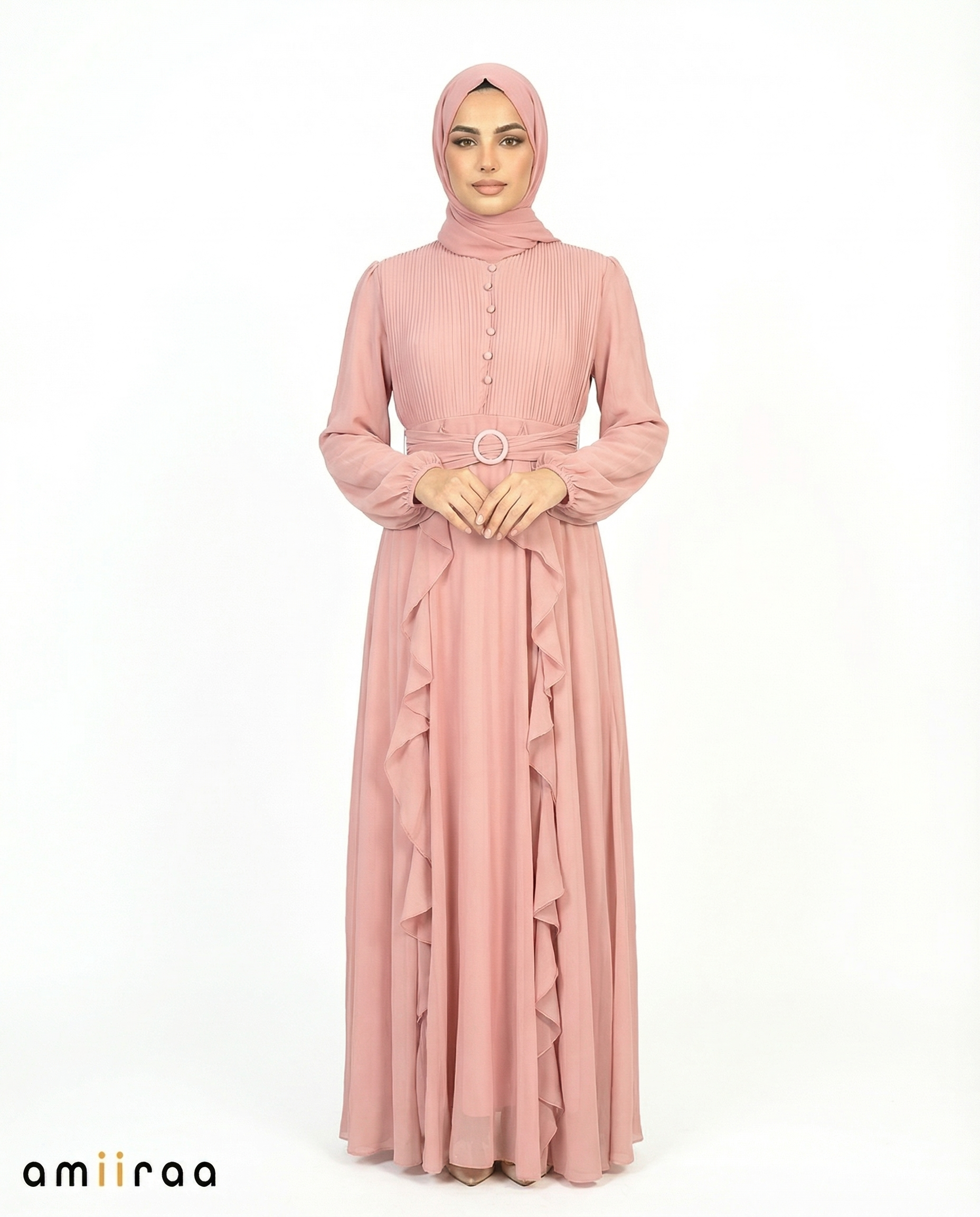 Blush Pleated Bodice Ruffle Detail Maxi Dress