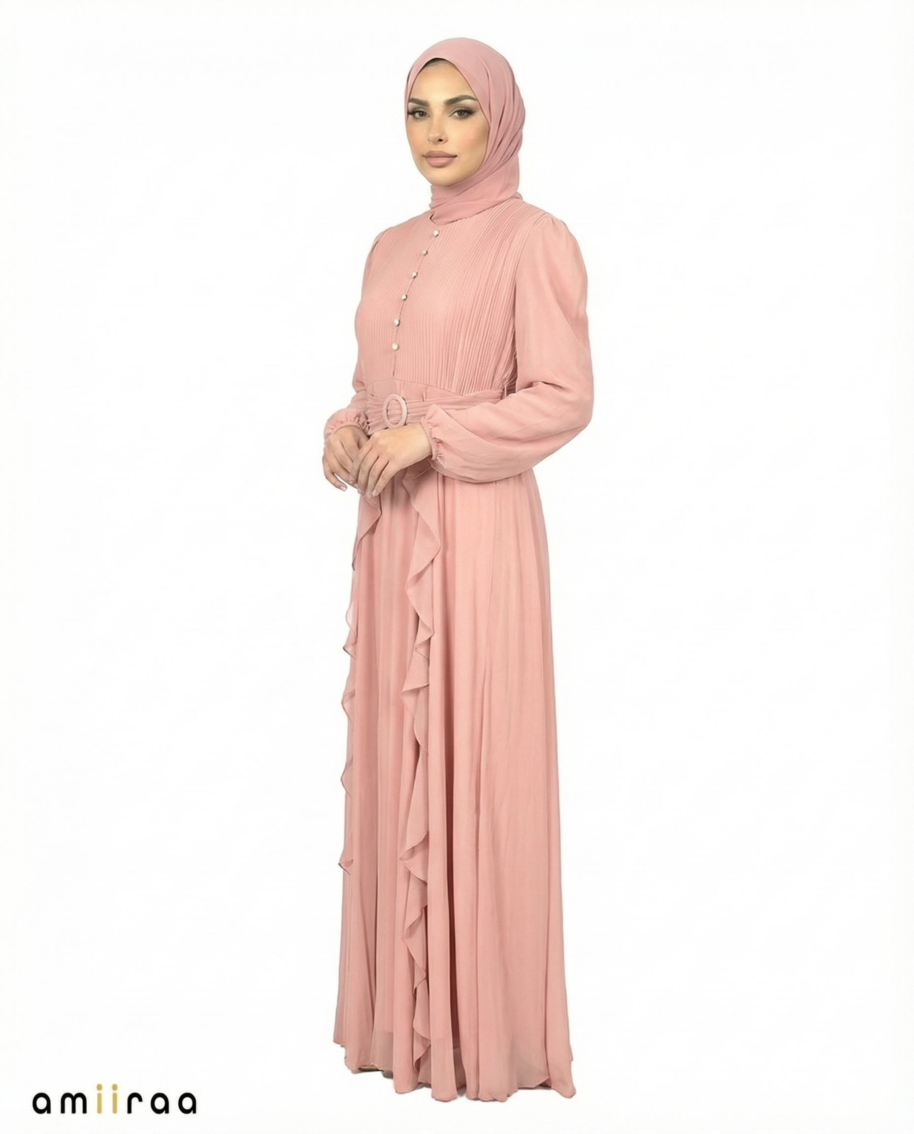 Blush Pleated Bodice Ruffle Detail Maxi Dress