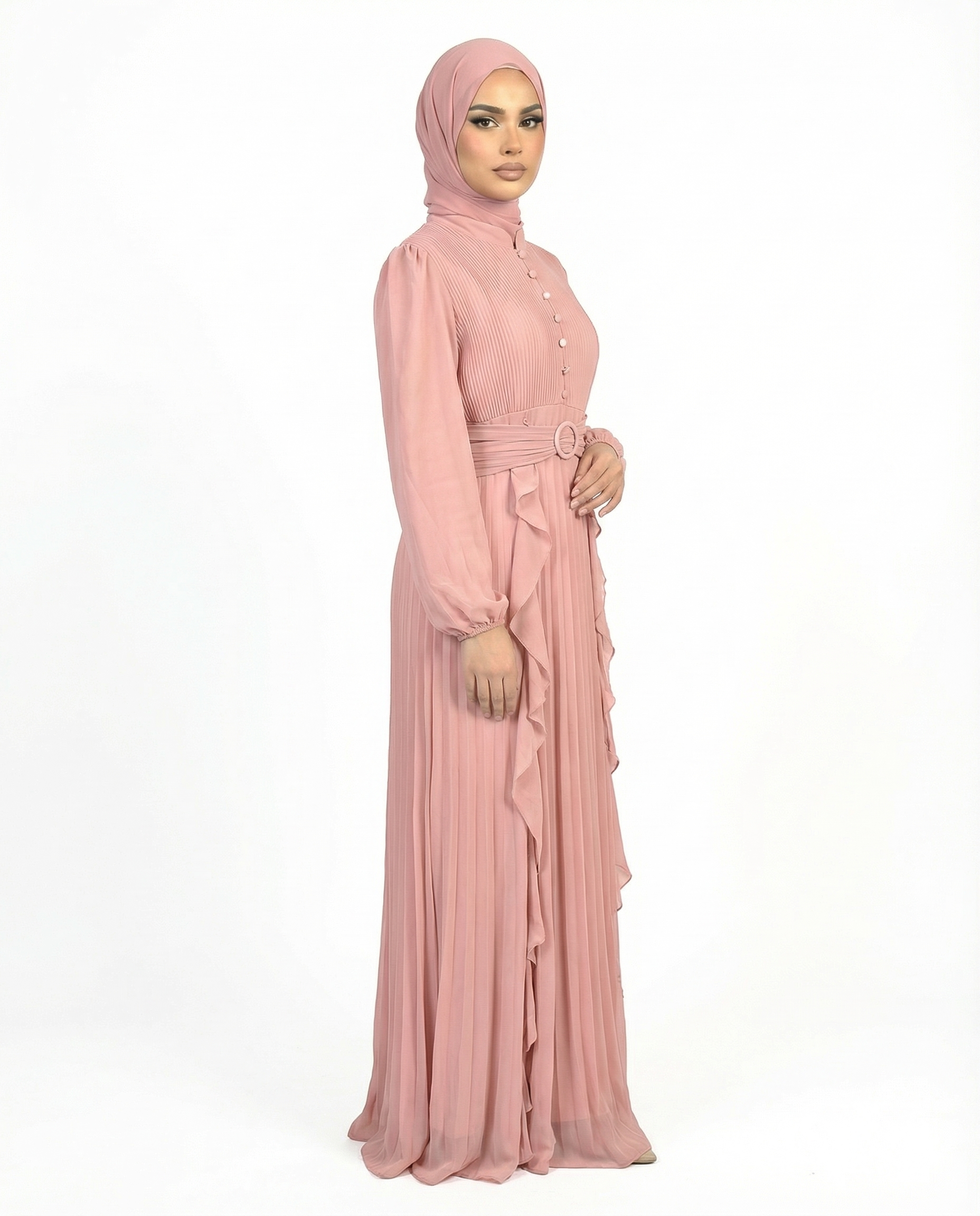 Blush Pleated Bodice Ruffle Detail Maxi Dress