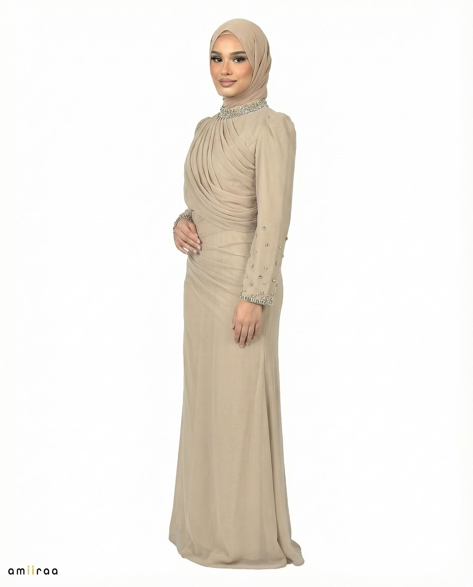 Sheepskin Draped Chiffon Maxi Dress with Beaded Embellished Neckline & Cuffs