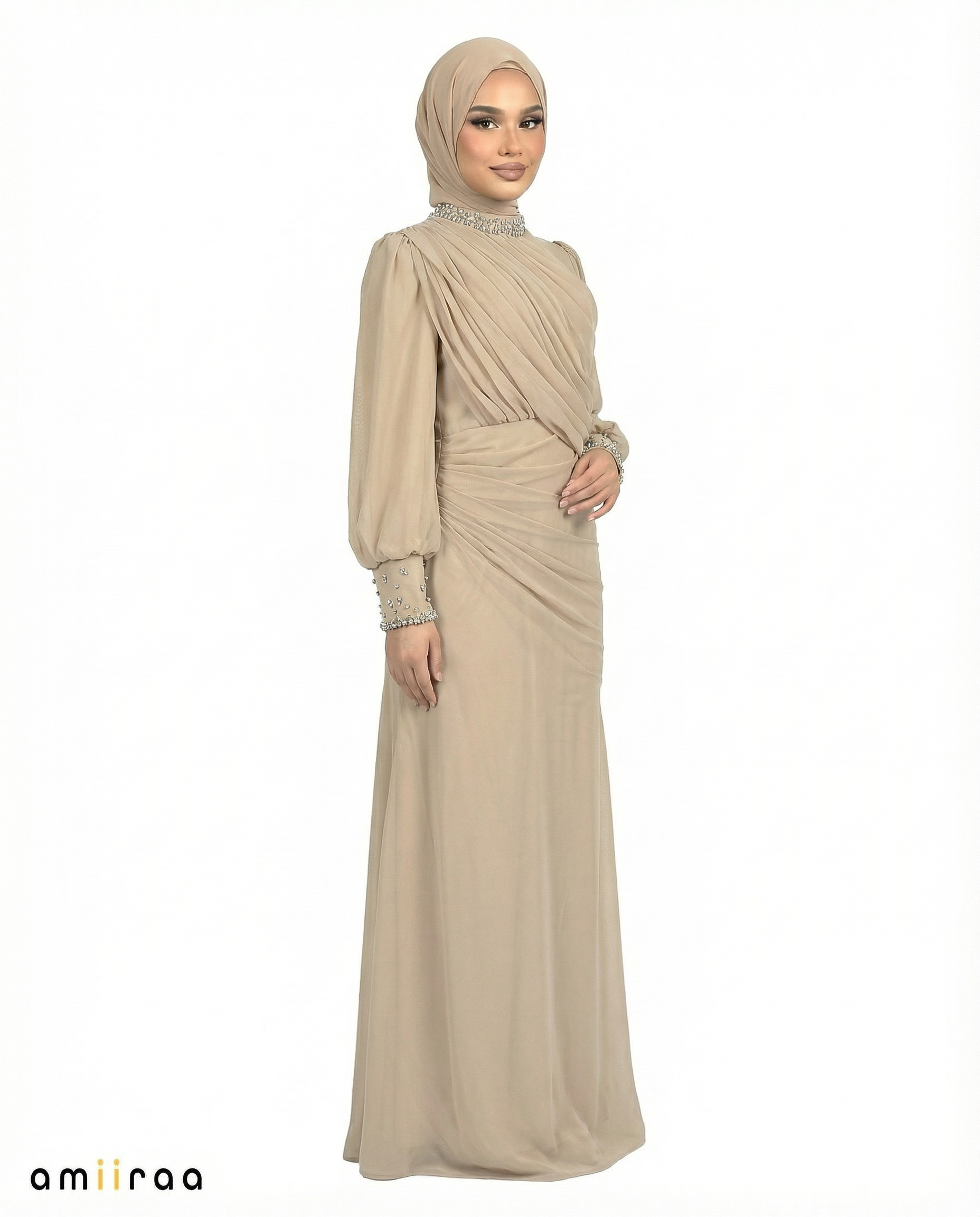 Sheepskin Draped Chiffon Maxi Dress with Beaded Embellished Neckline & Cuffs