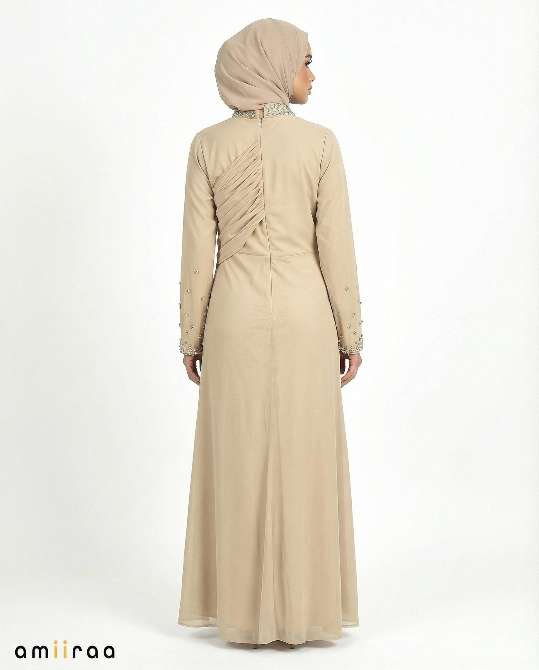 Sheepskin Draped Chiffon Maxi Dress with Beaded Embellished Neckline & Cuffs