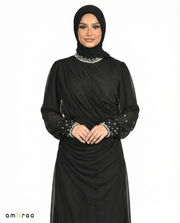 Meteorite Draped Chiffon Maxi Dress with Beaded Embellished Neckline & Cuffs