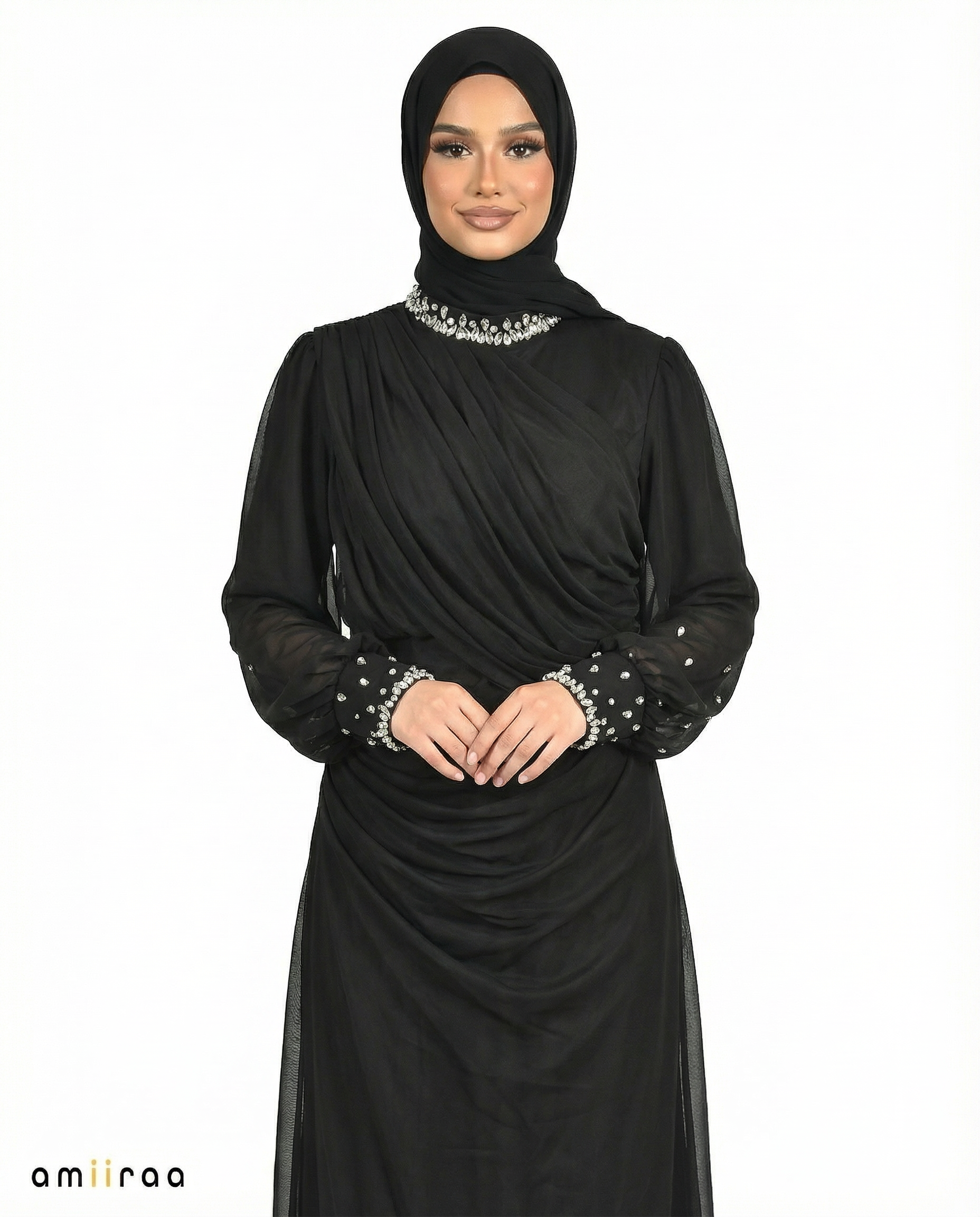 Meteorite Draped Chiffon Maxi Dress with Beaded Embellished Neckline & Cuffs