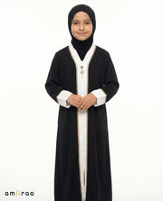 Stretch Limo Girls Elegant Open Abaya with Gold Trim Detailing